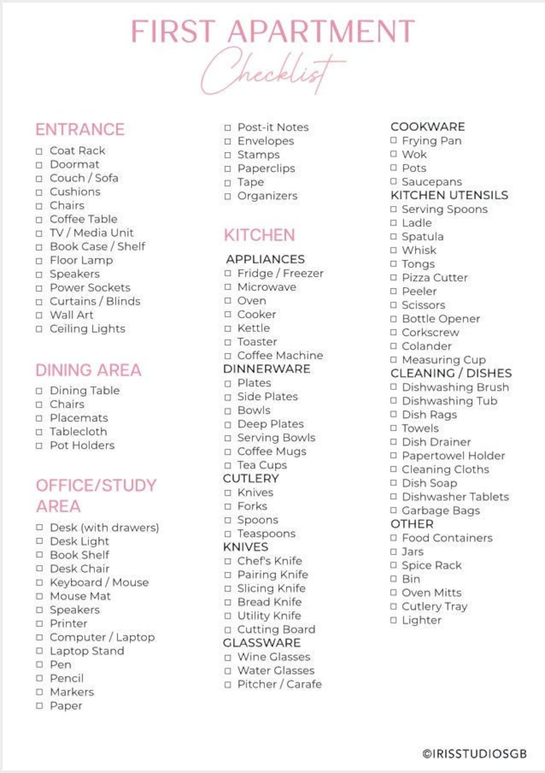 sample First Apartment Checklist Template