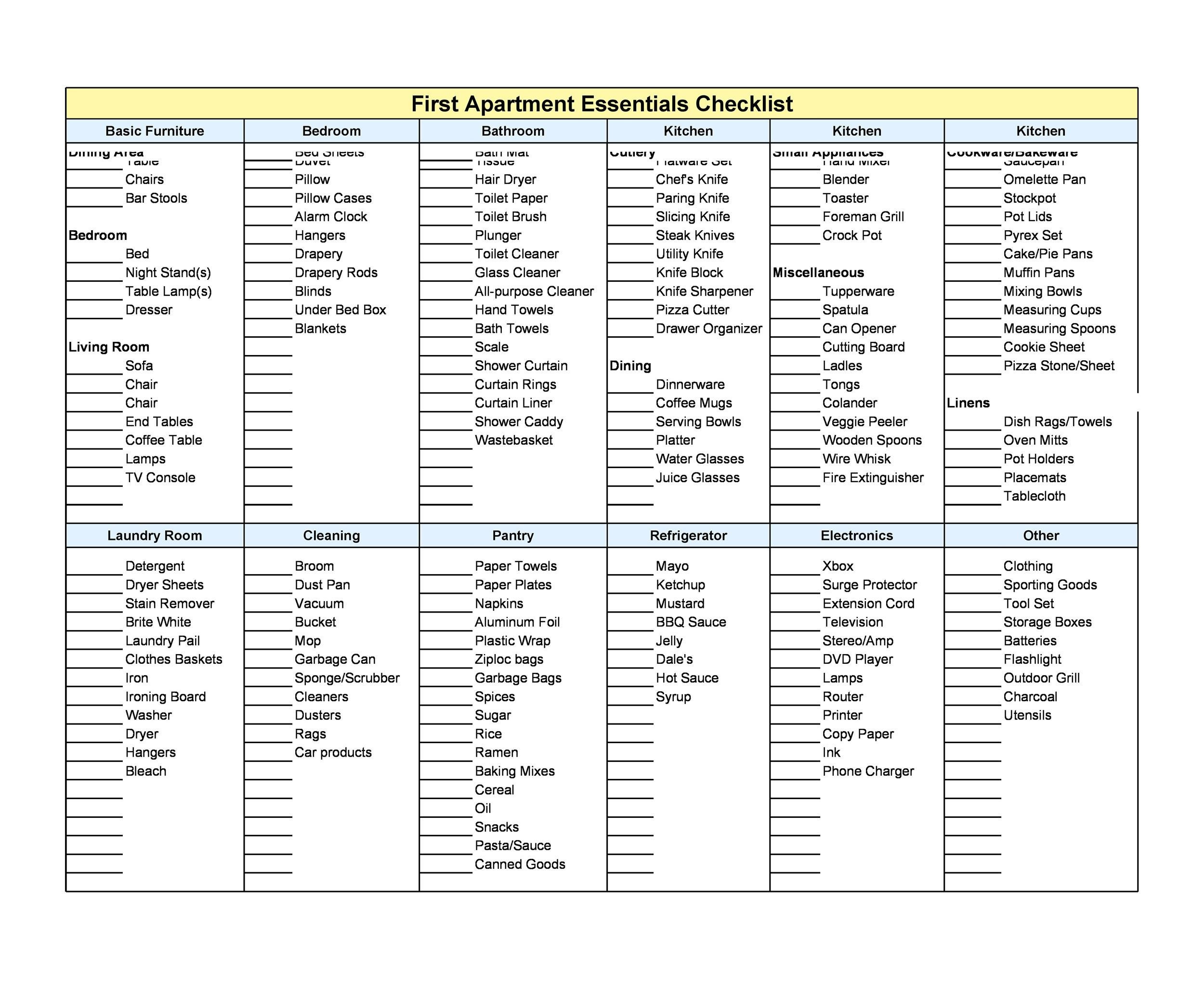 sample First Apartment Checklist Template