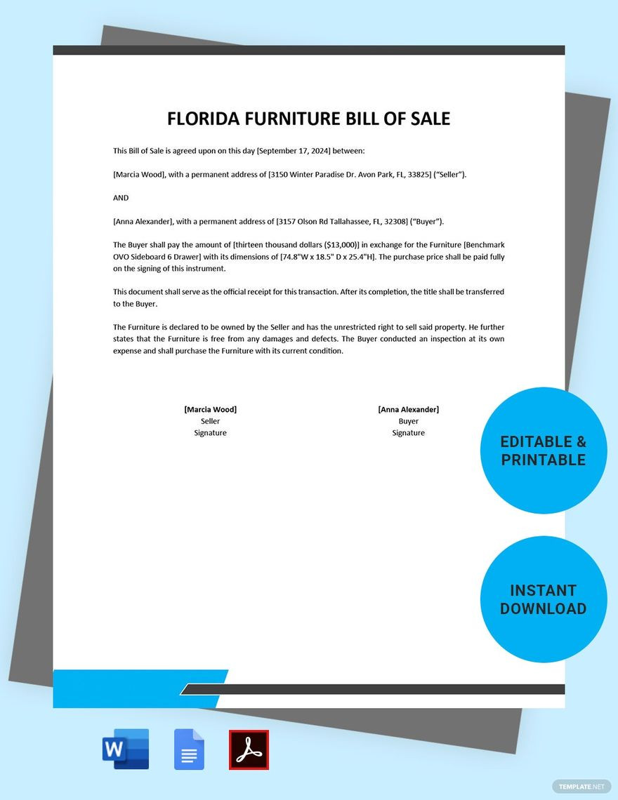 sample Furniture Bill of Sale Form