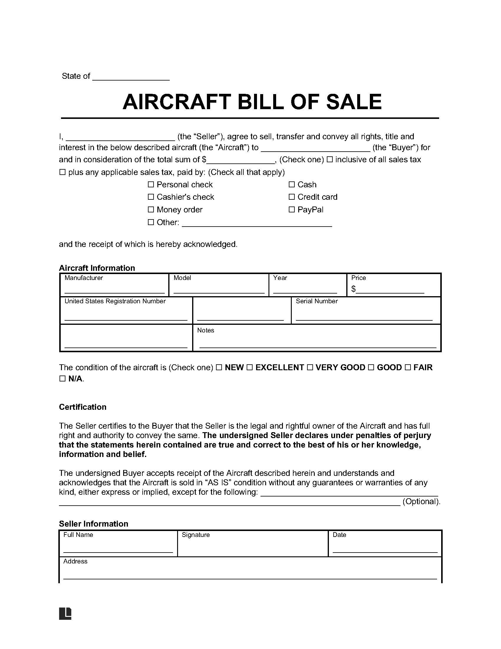 sample Aircraft Bill of Sale Form