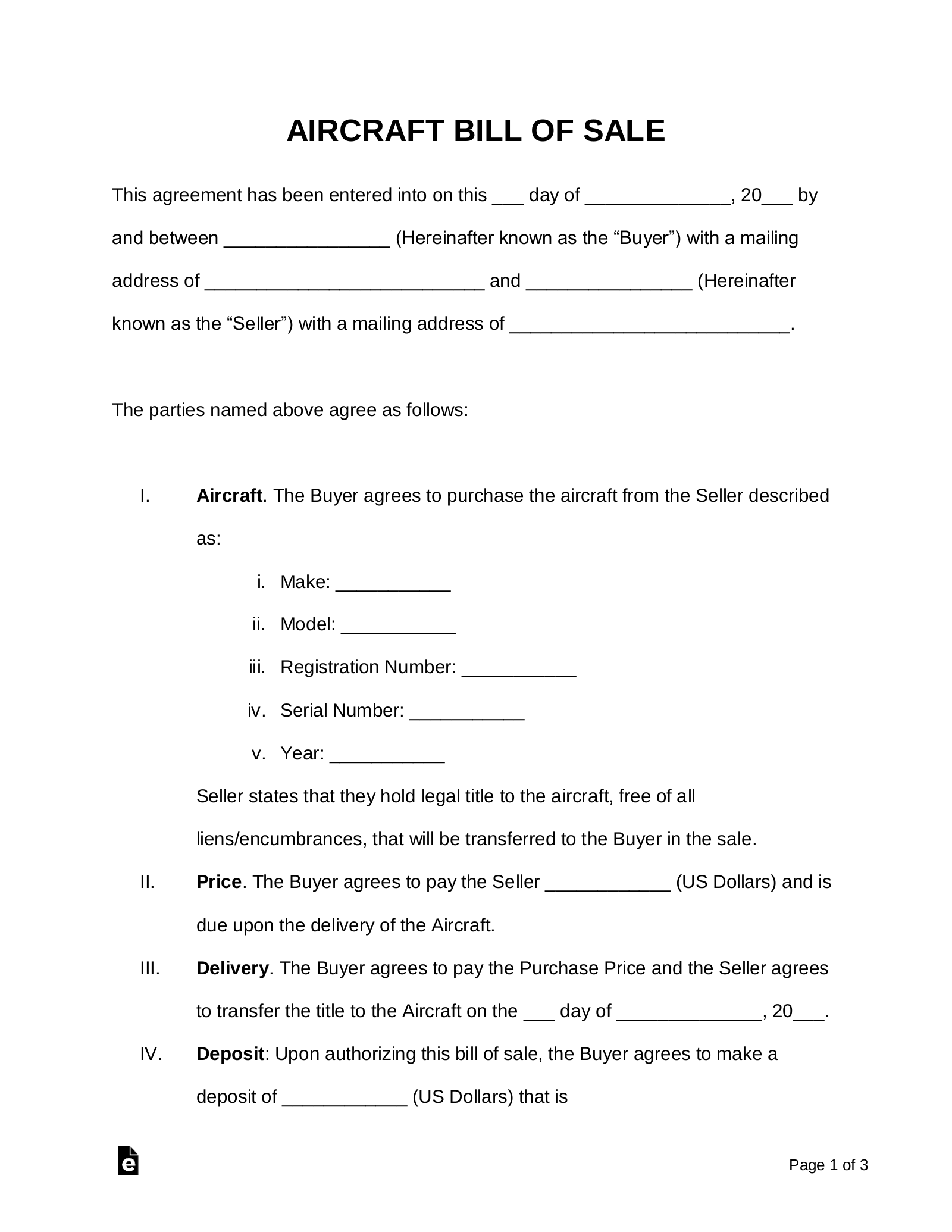 sample Aircraft Bill of Sale Form