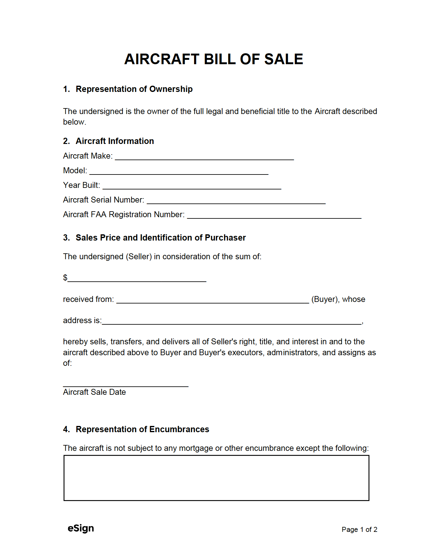 sample Aircraft Bill of Sale Form