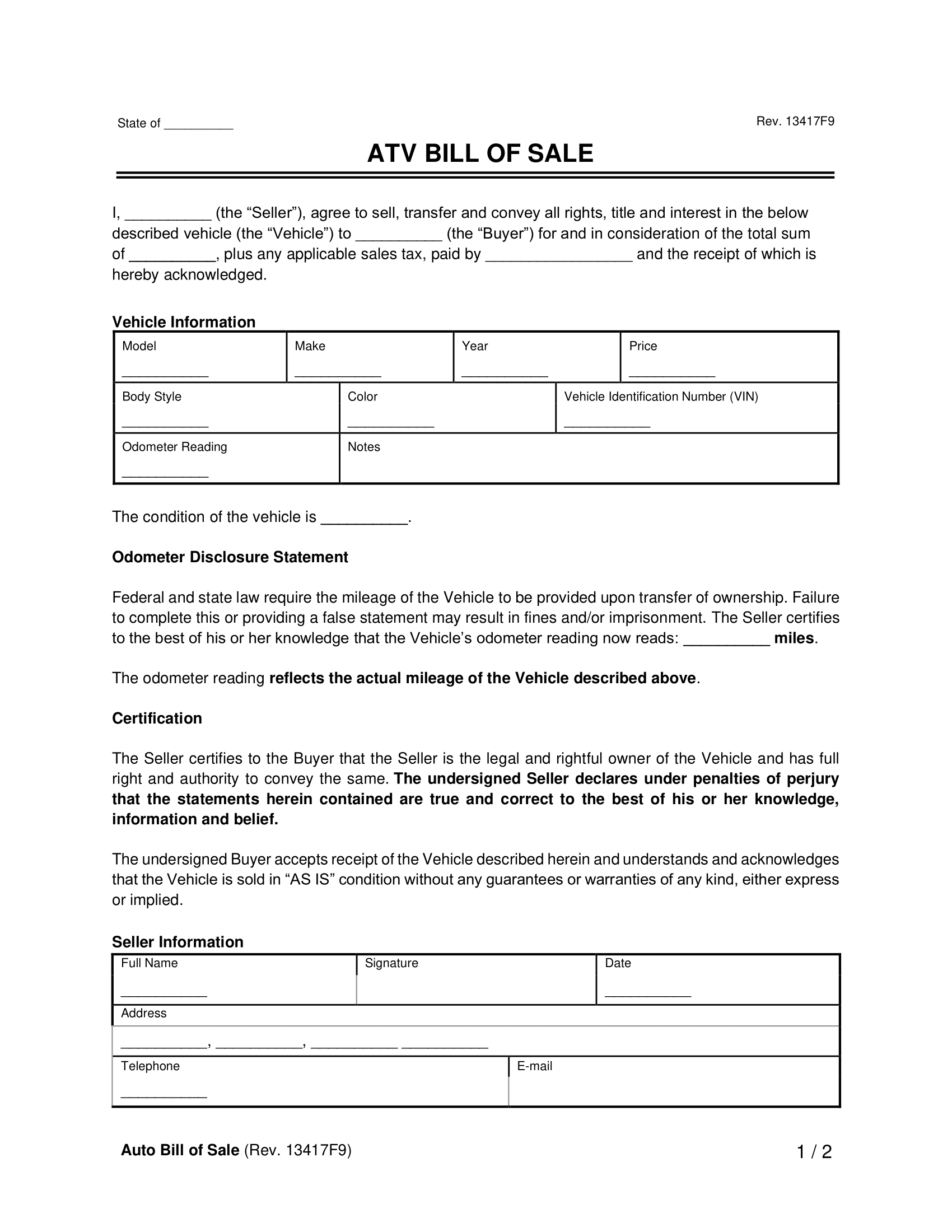 sample ATV Bill of Sale Form