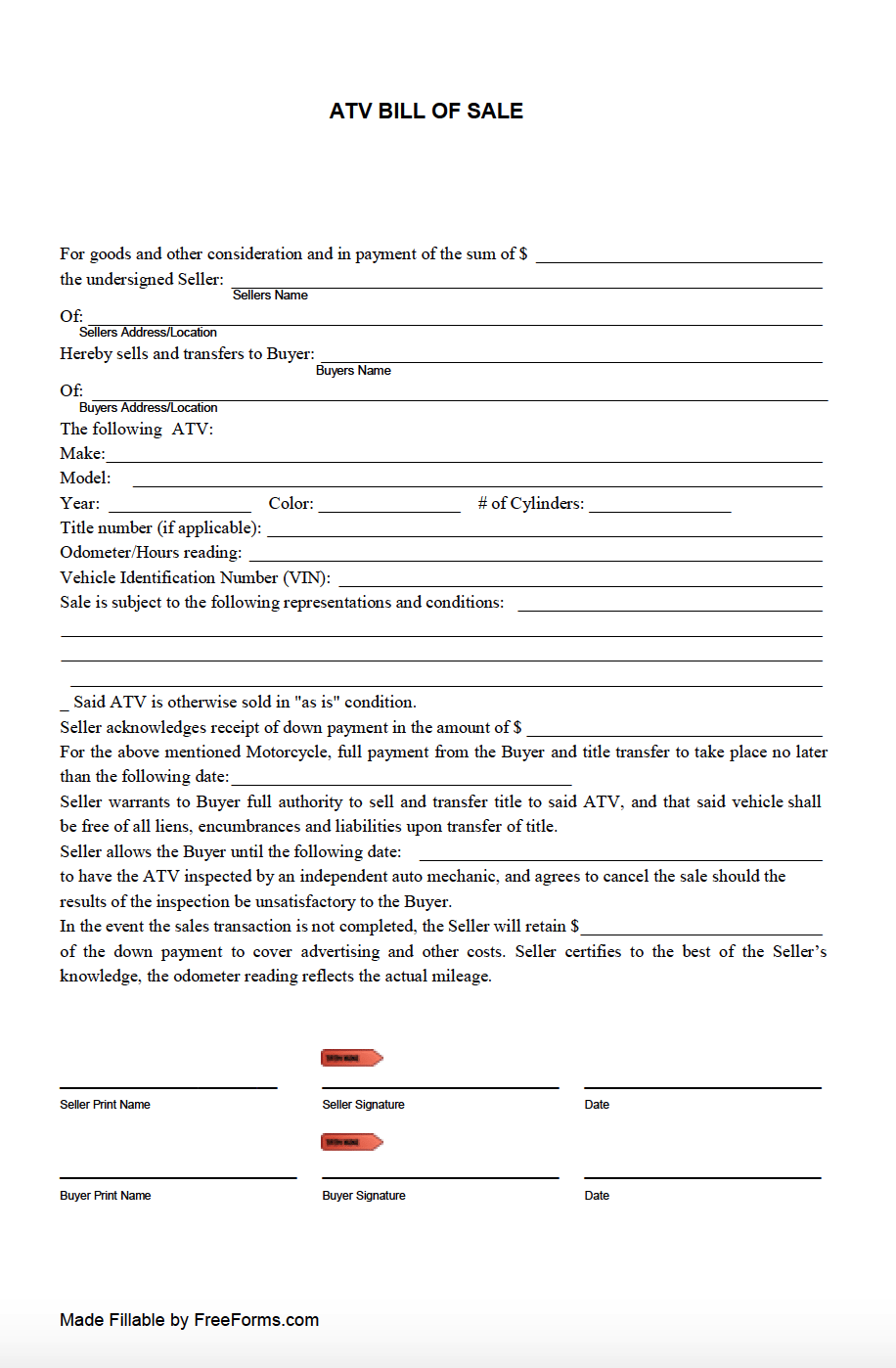 sample ATV Bill of Sale Form