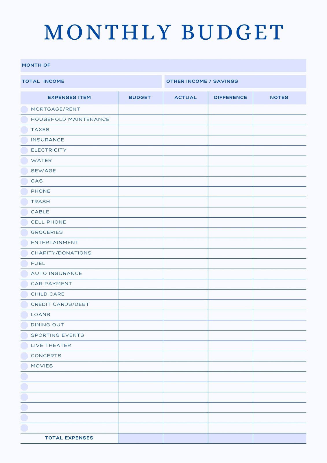 sample simple home budget template