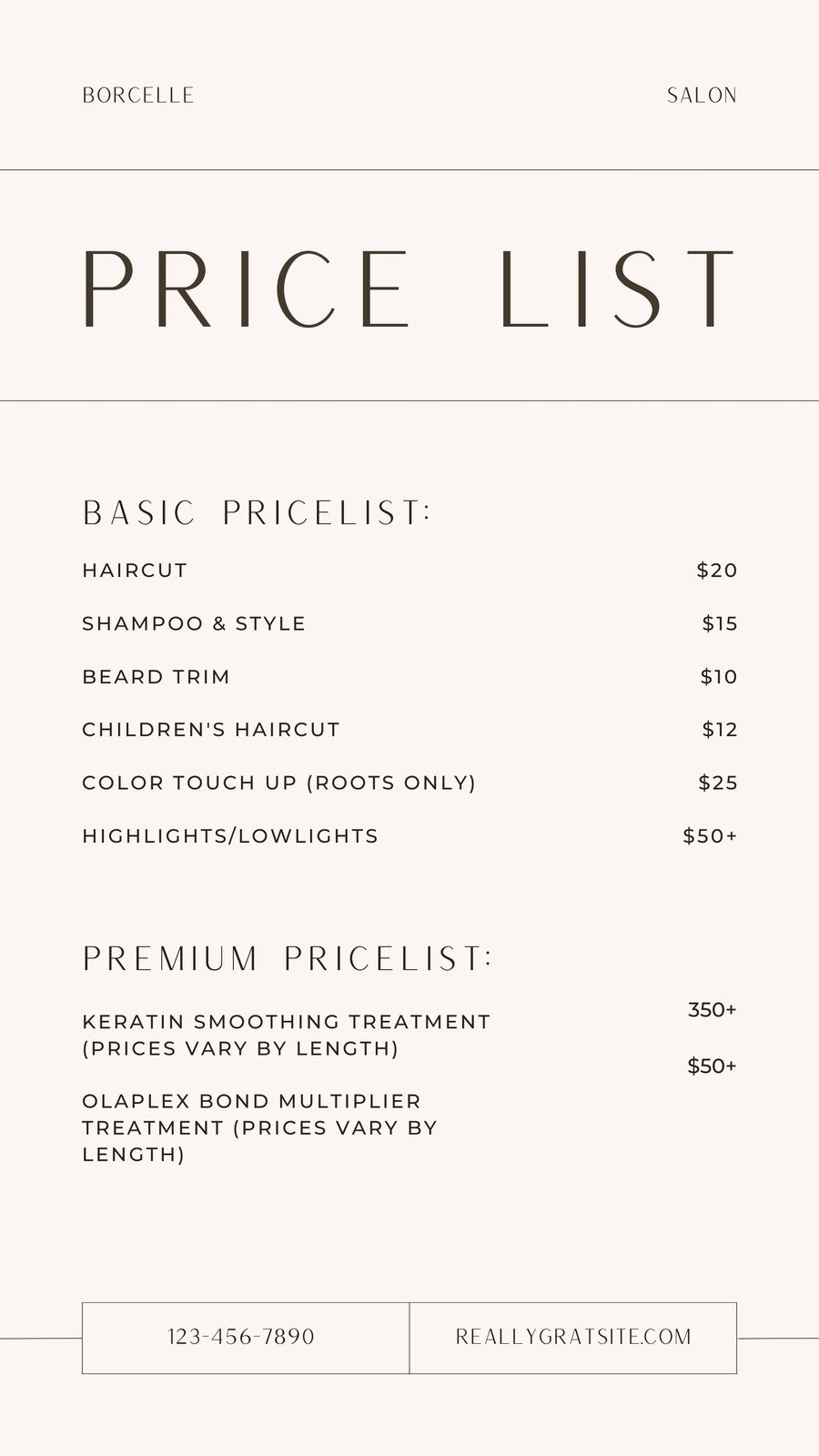 sample business price list template