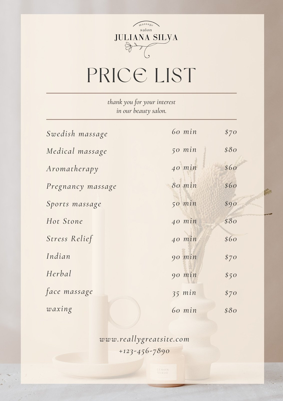 sample business price list template