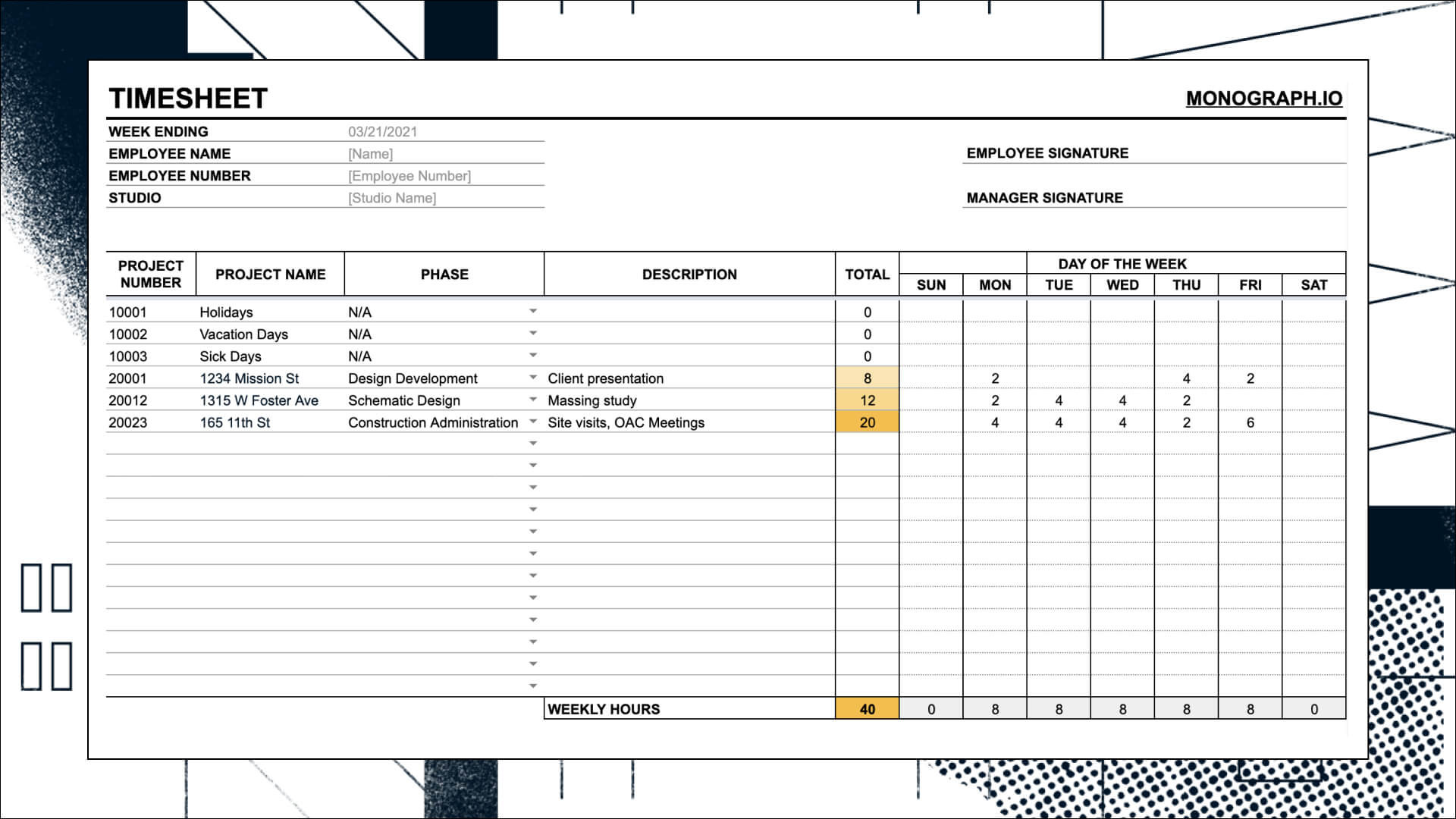 sample standard timesheet template