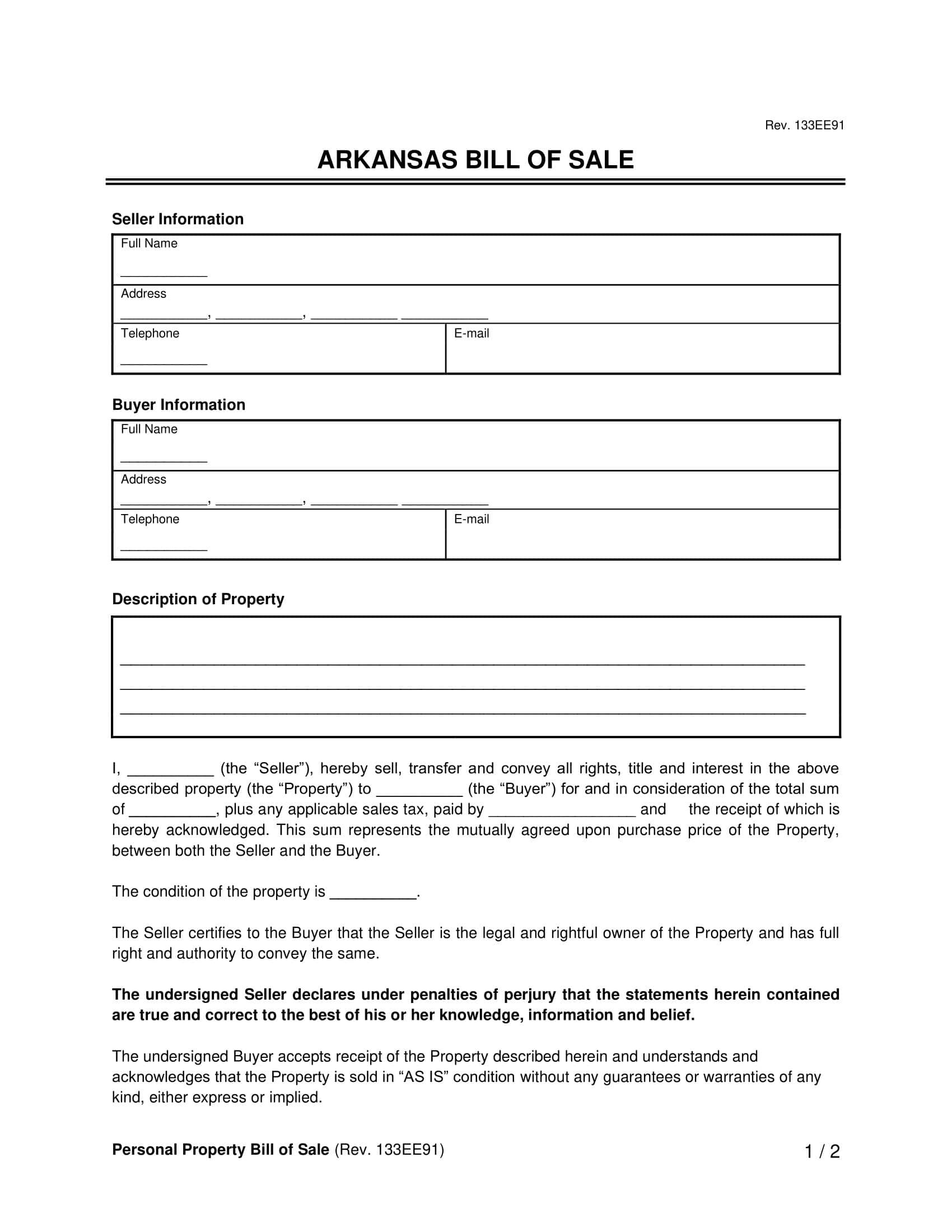 sample Bill of Sale Form For Car