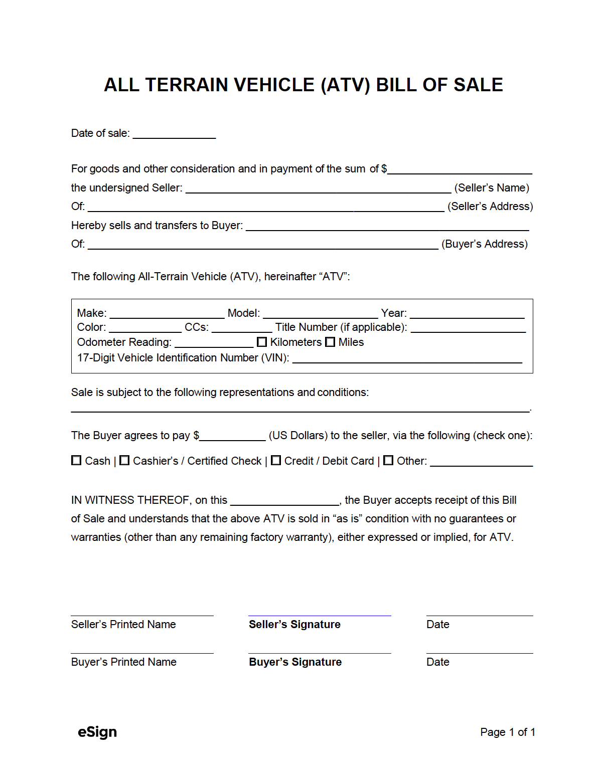 sample ATV Bill of Sale Form