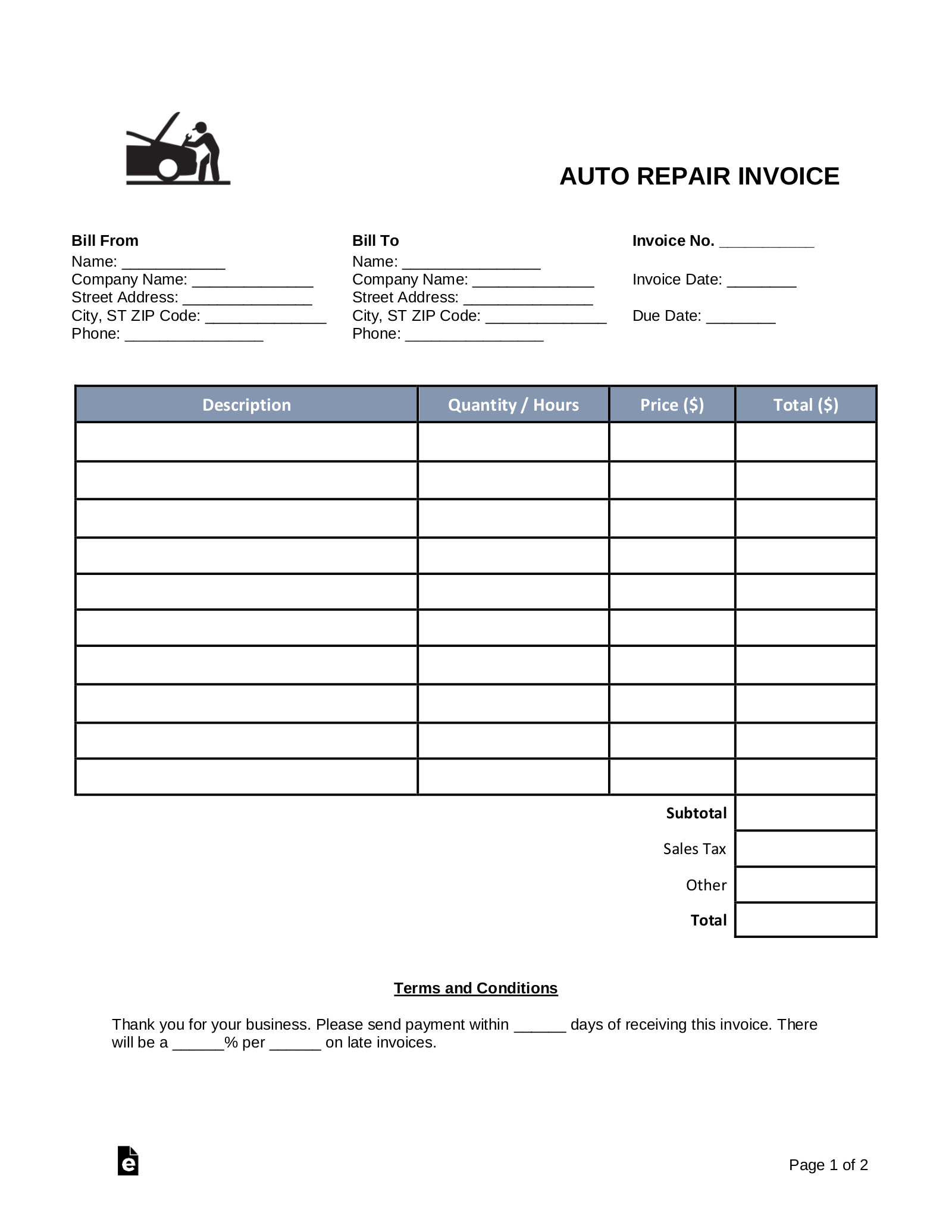 sample mechanic shop receipt template