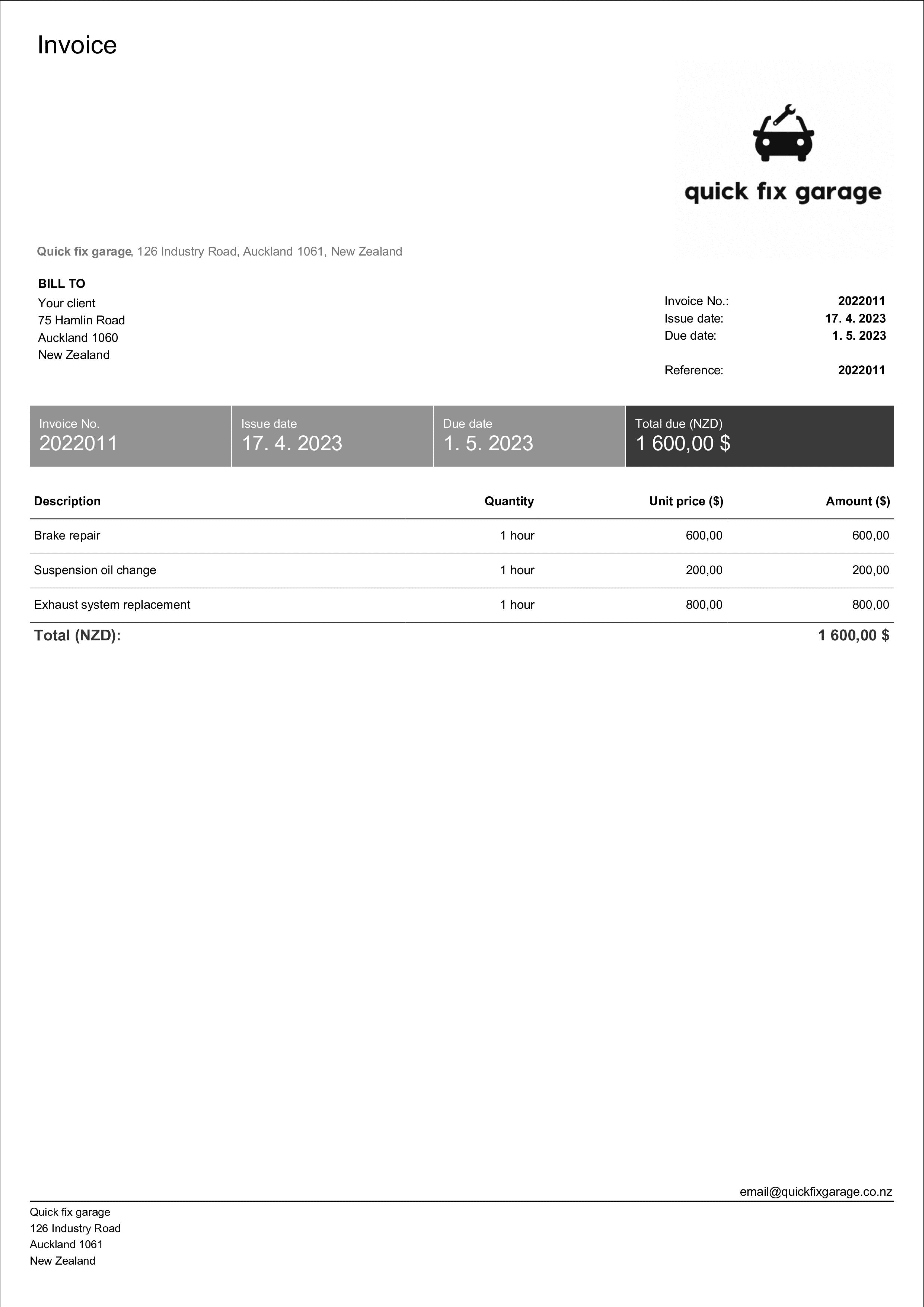 sample mechanic shop receipt template