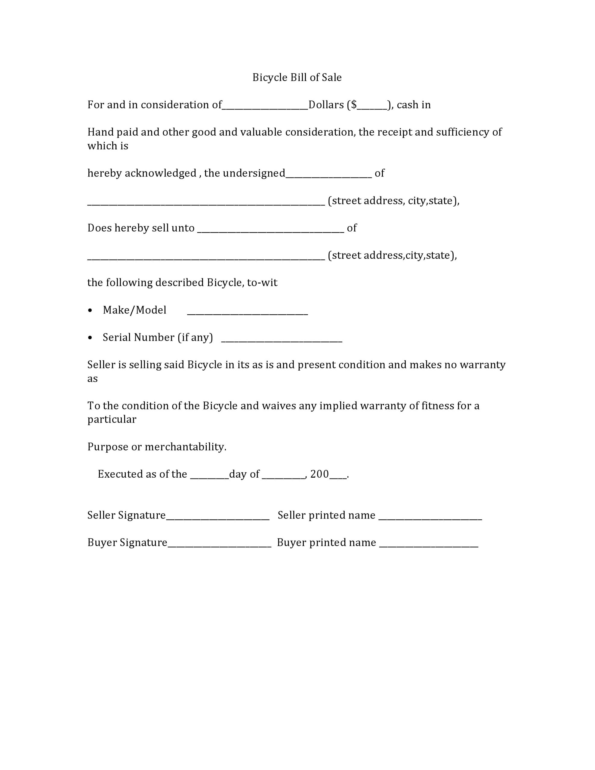 sample Bicycle Bill of Sale Form