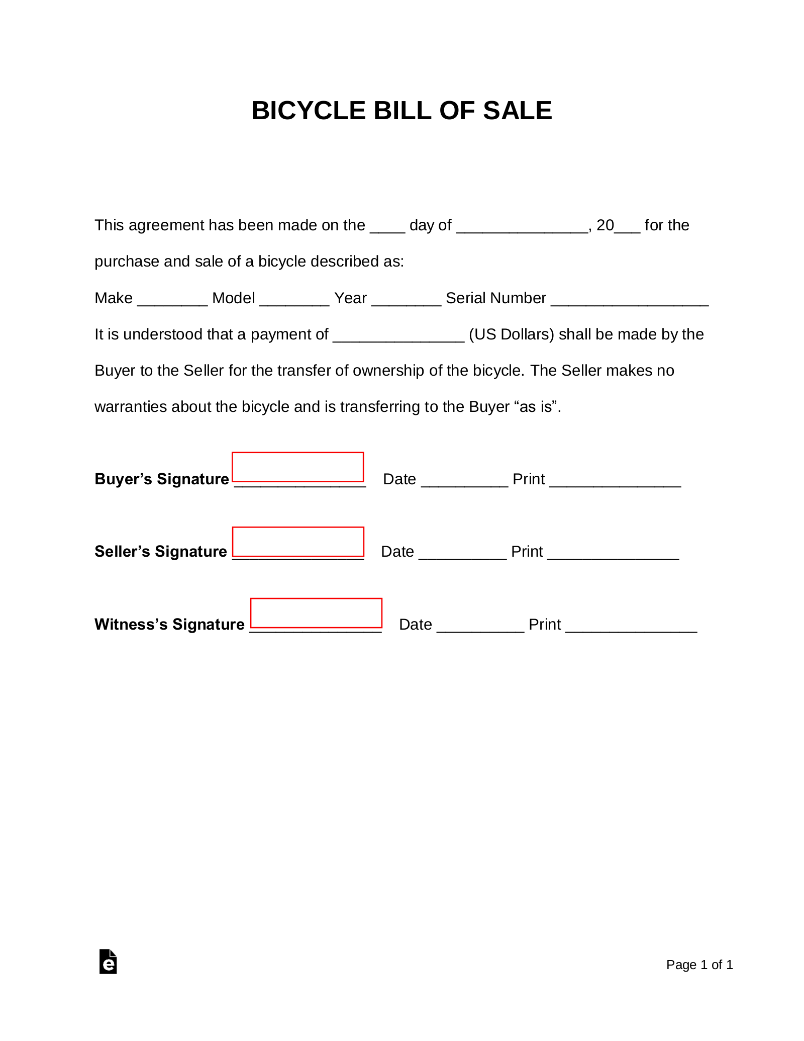 sample Bicycle Bill of Sale Form