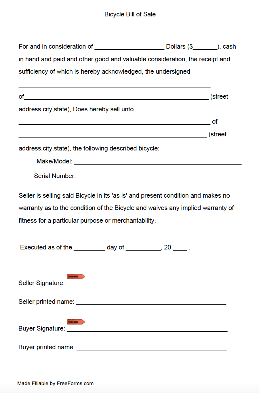 sample Bicycle Bill of Sale Form