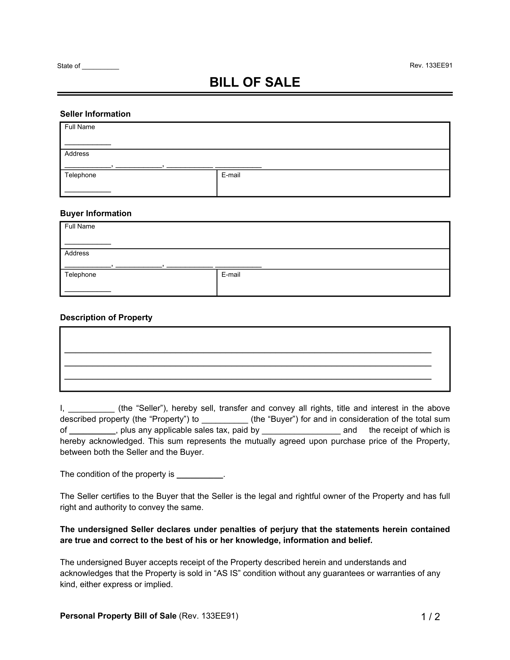 sample Golf Cart Bill of Sale Form