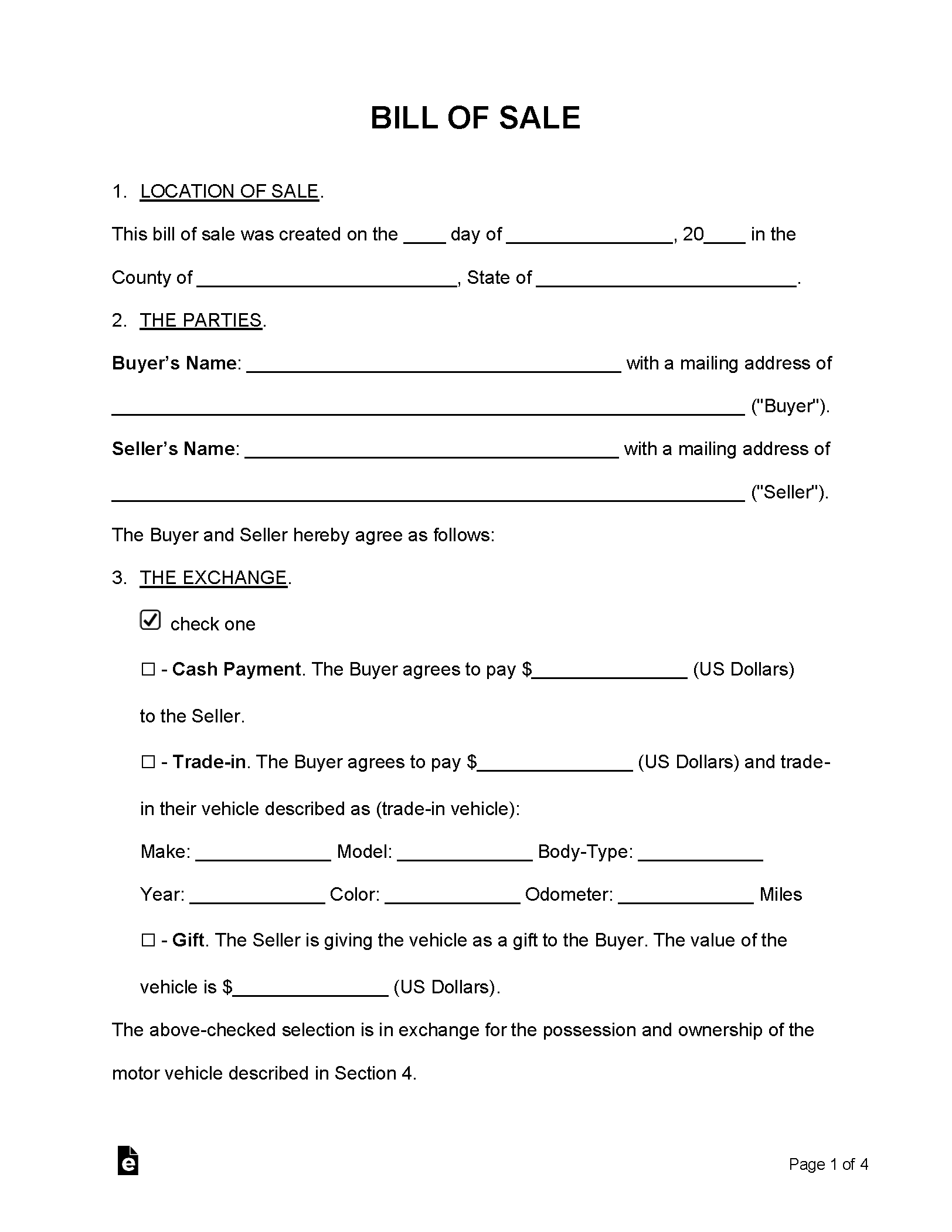 sample Business Entity Bill of Sale Form