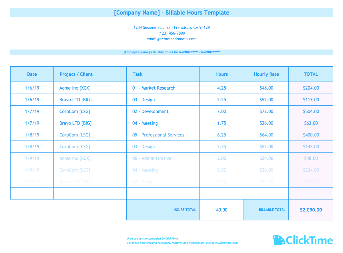 sample billable hours timesheet template