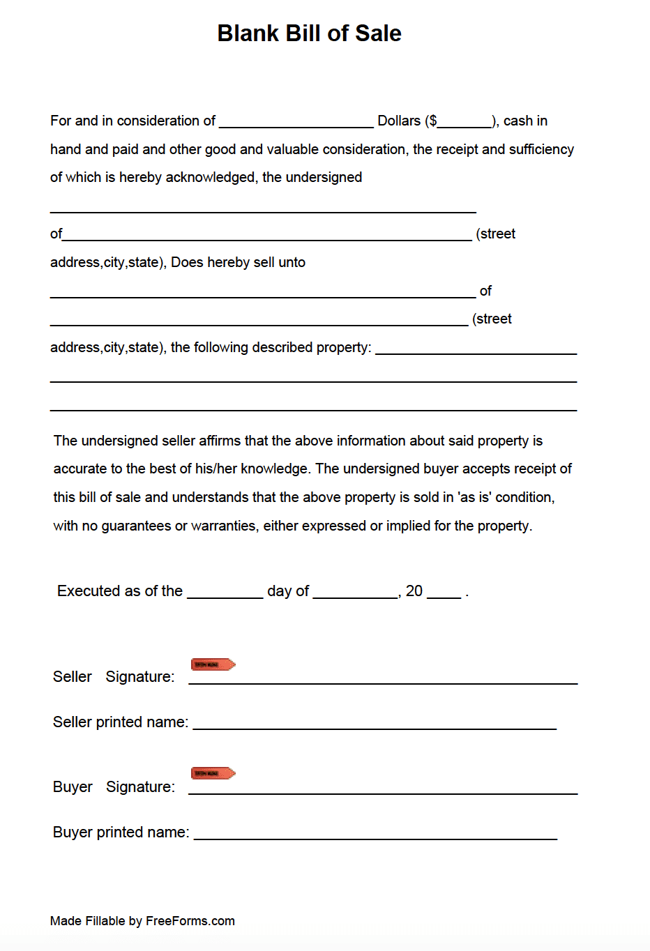 sample General Bill of Sale Form