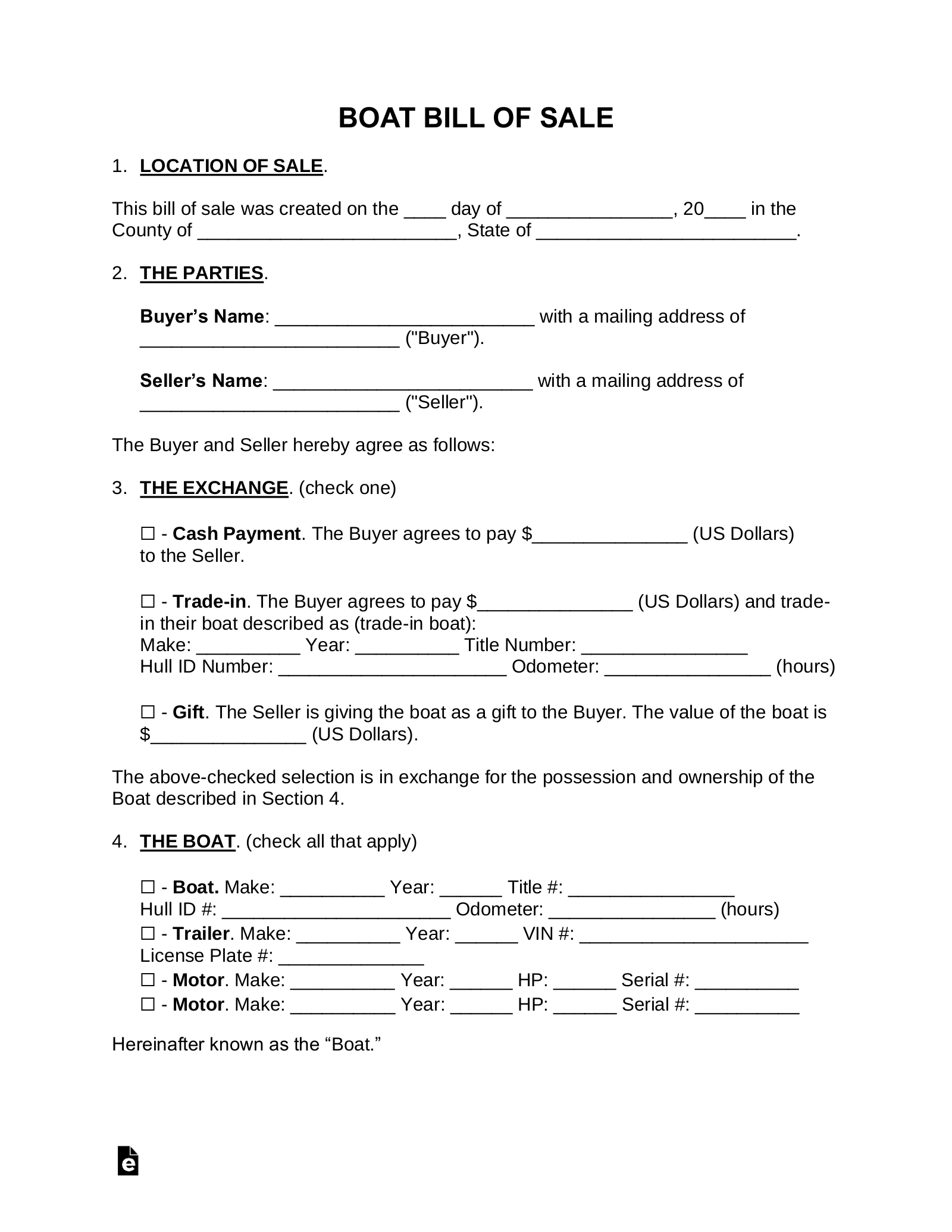 sample Boat Bill of Sale Form