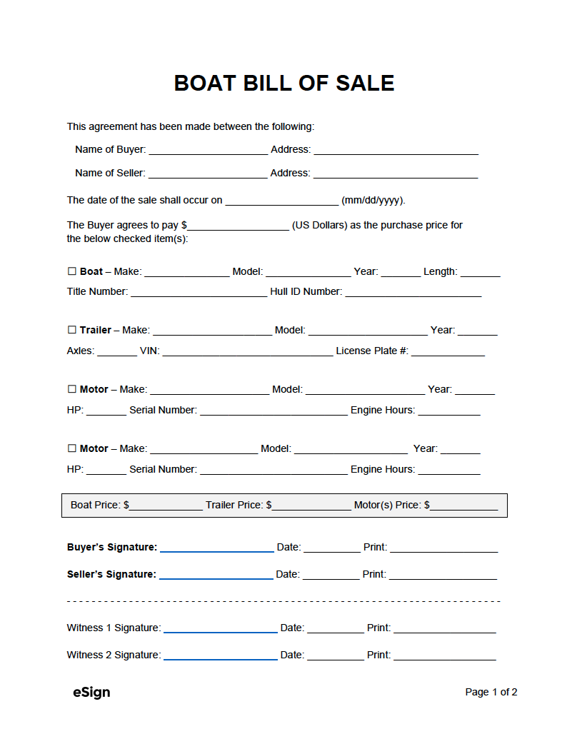 sample Boat Bill of Sale Form