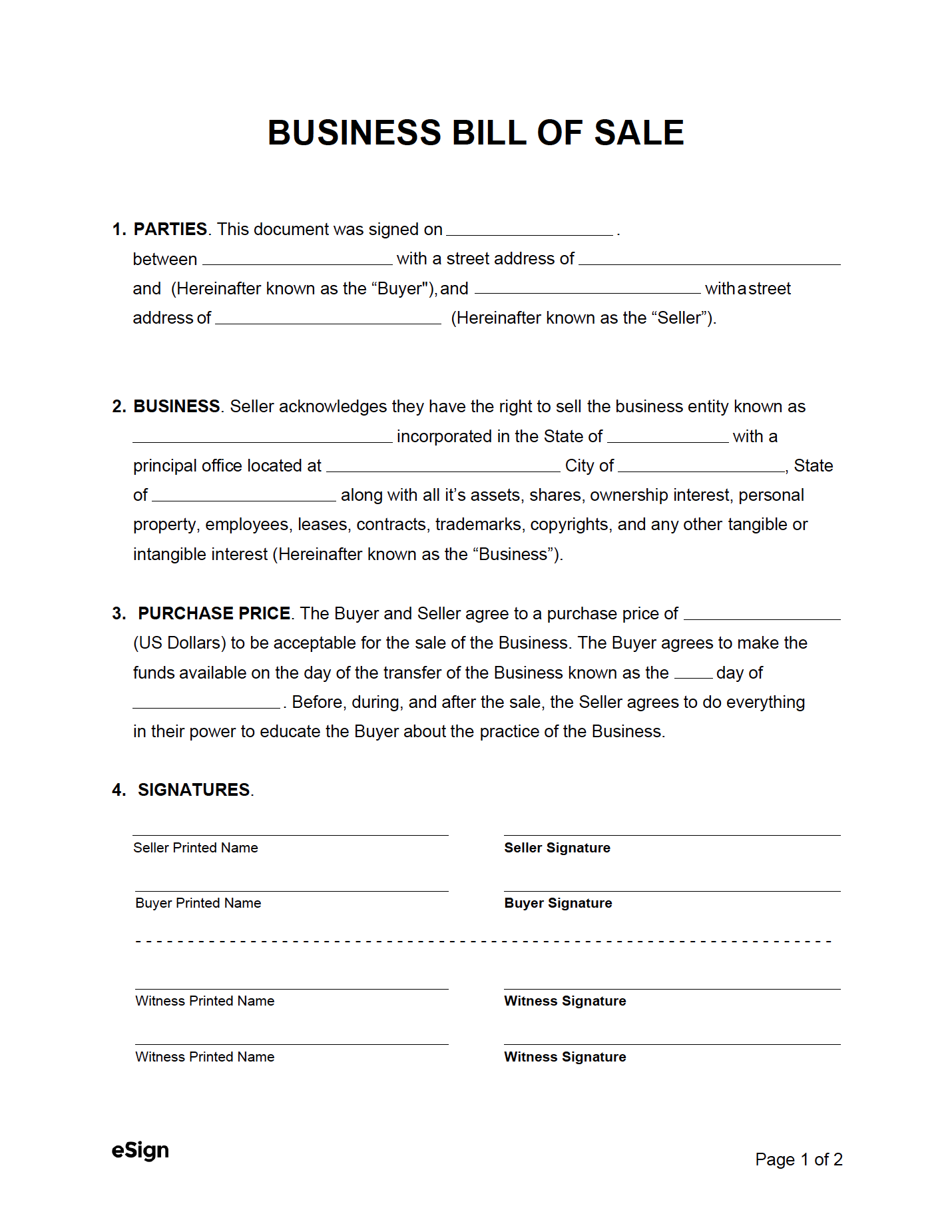 sample Business Entity Bill of Sale Form