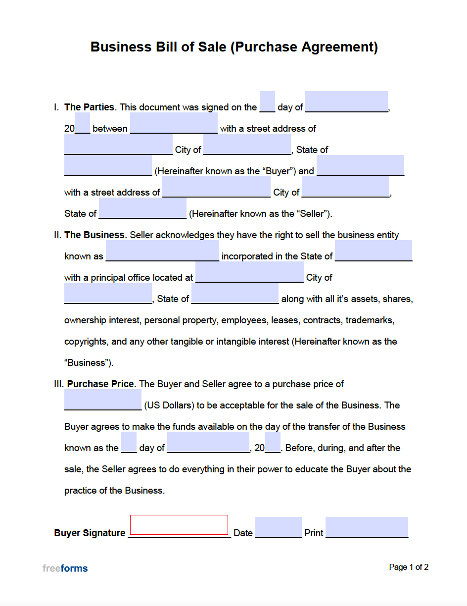 sample Business Entity Bill of Sale Form