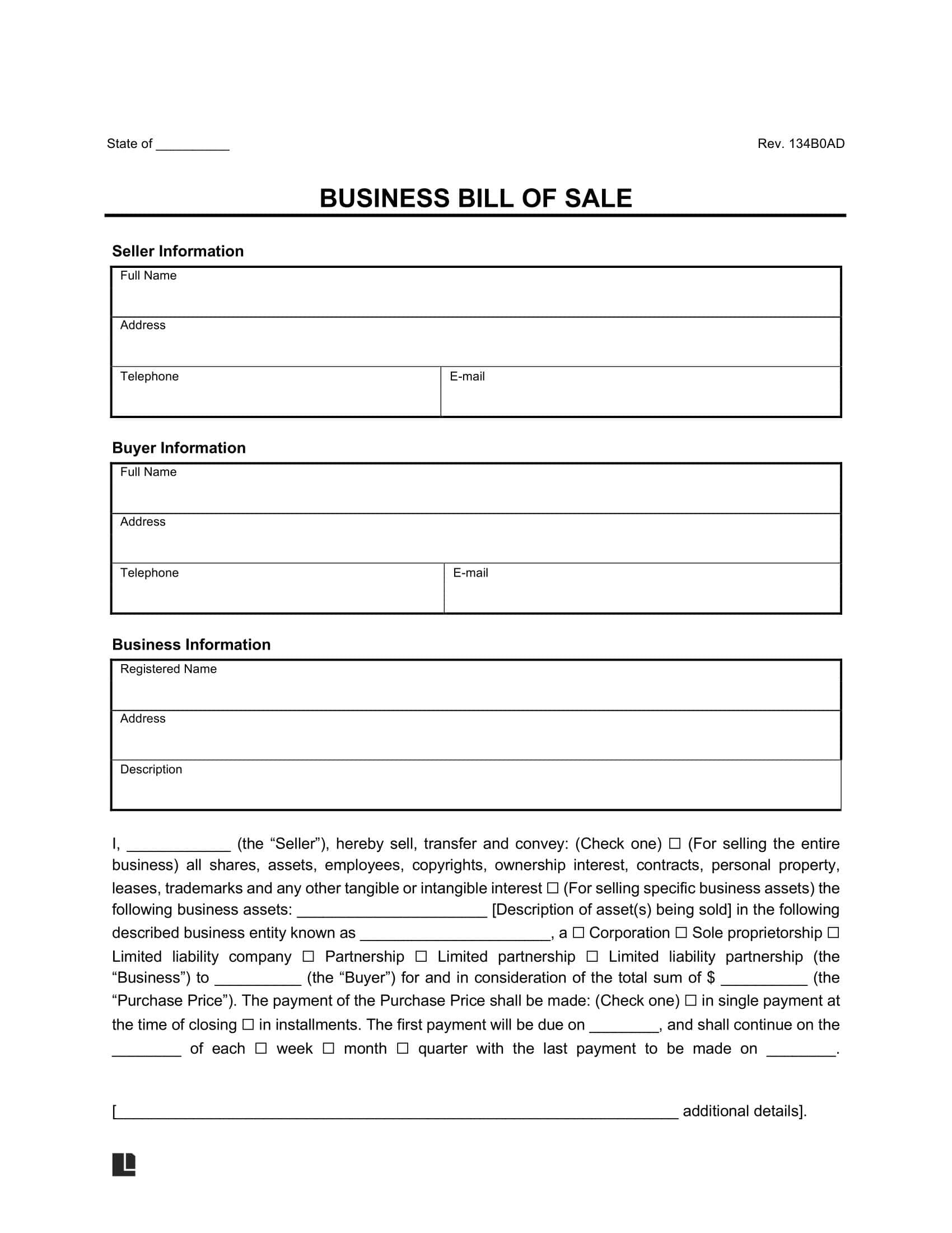 sample Business Entity Bill of Sale Form