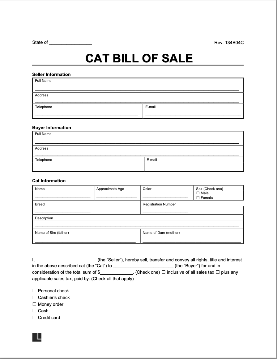 sample Cat/Kitten Bill of Sale Form