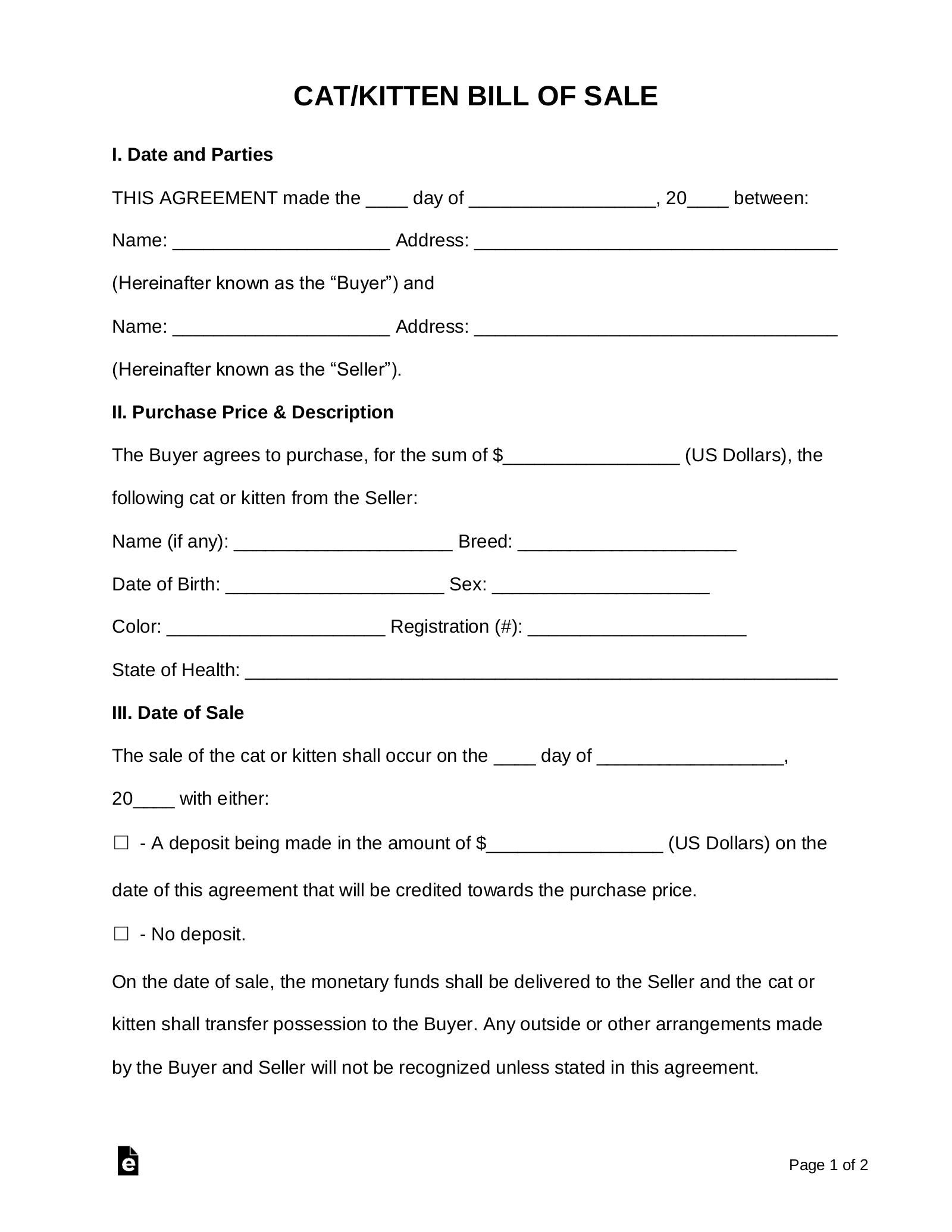 sample Cat/Kitten Bill of Sale Form