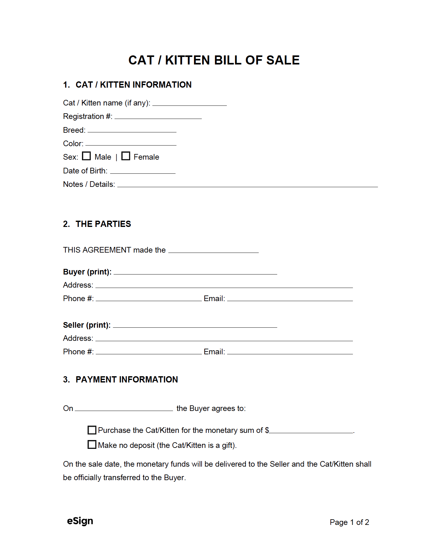 sample Cat/Kitten Bill of Sale Form