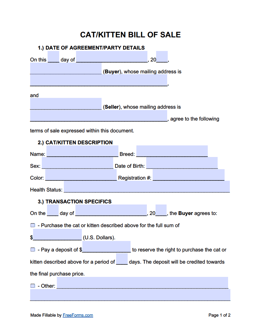 sample Cat/Kitten Bill of Sale Form