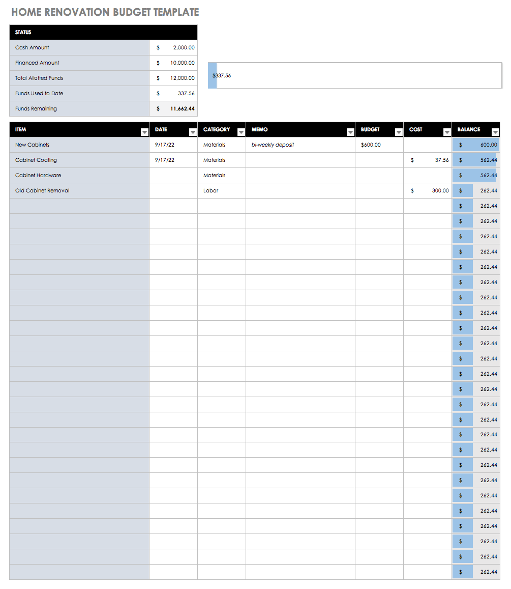 sample new home construction budget template