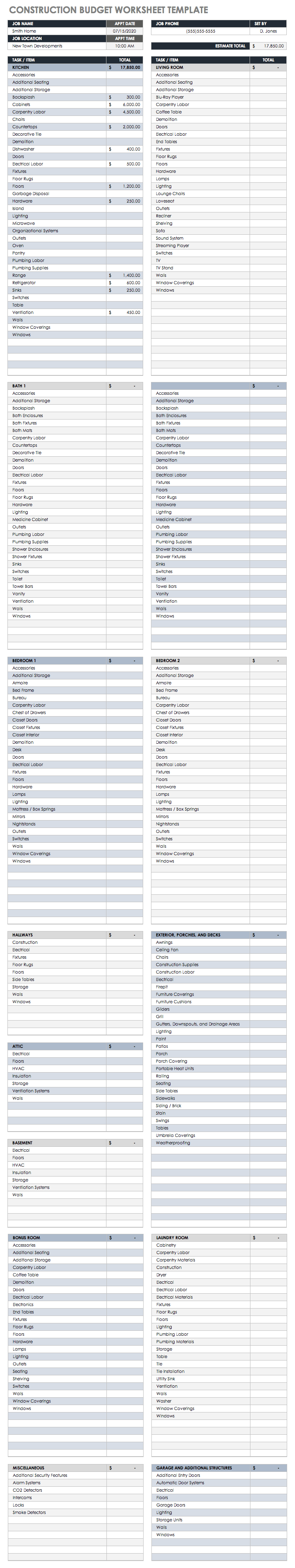 sample new home construction budget template