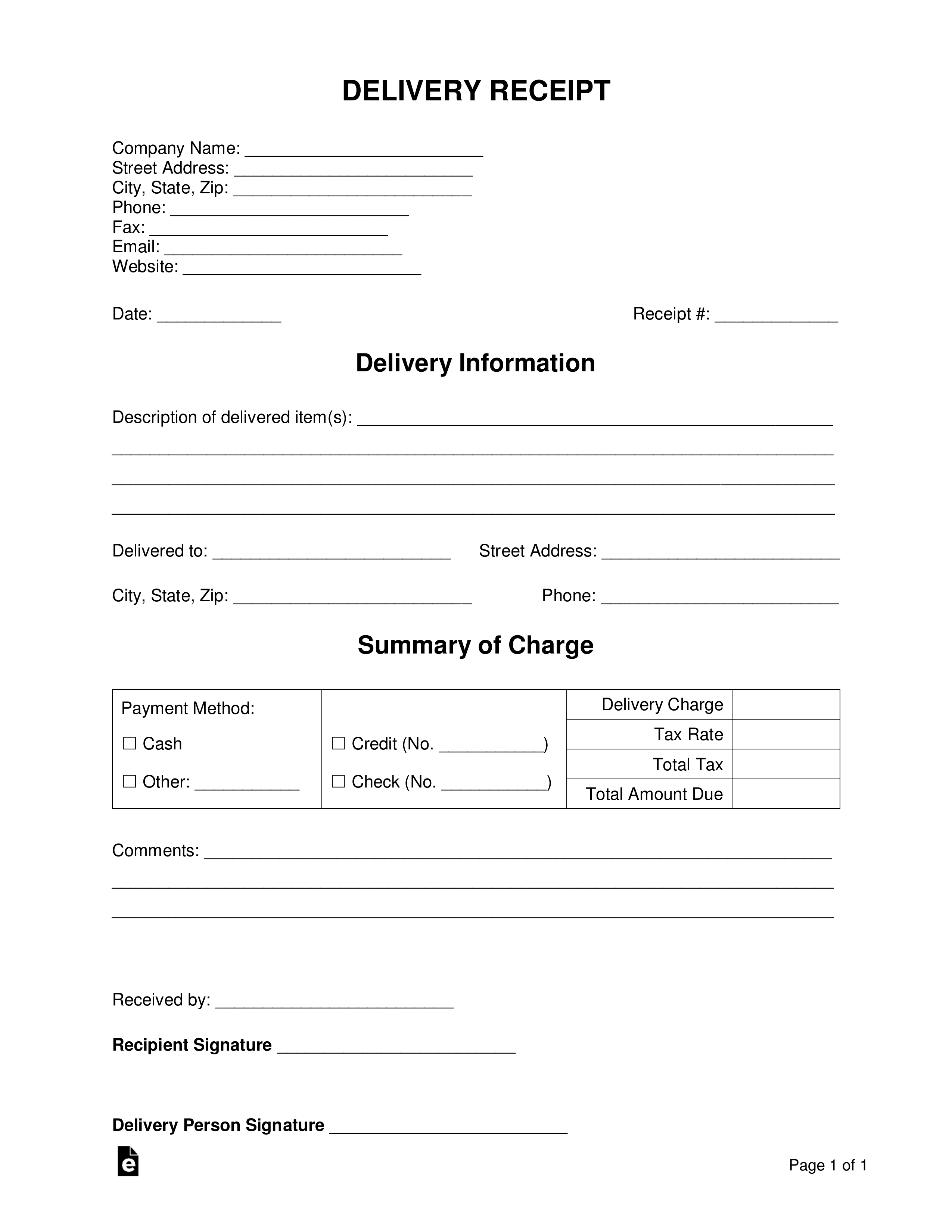 sample delivery receipt template