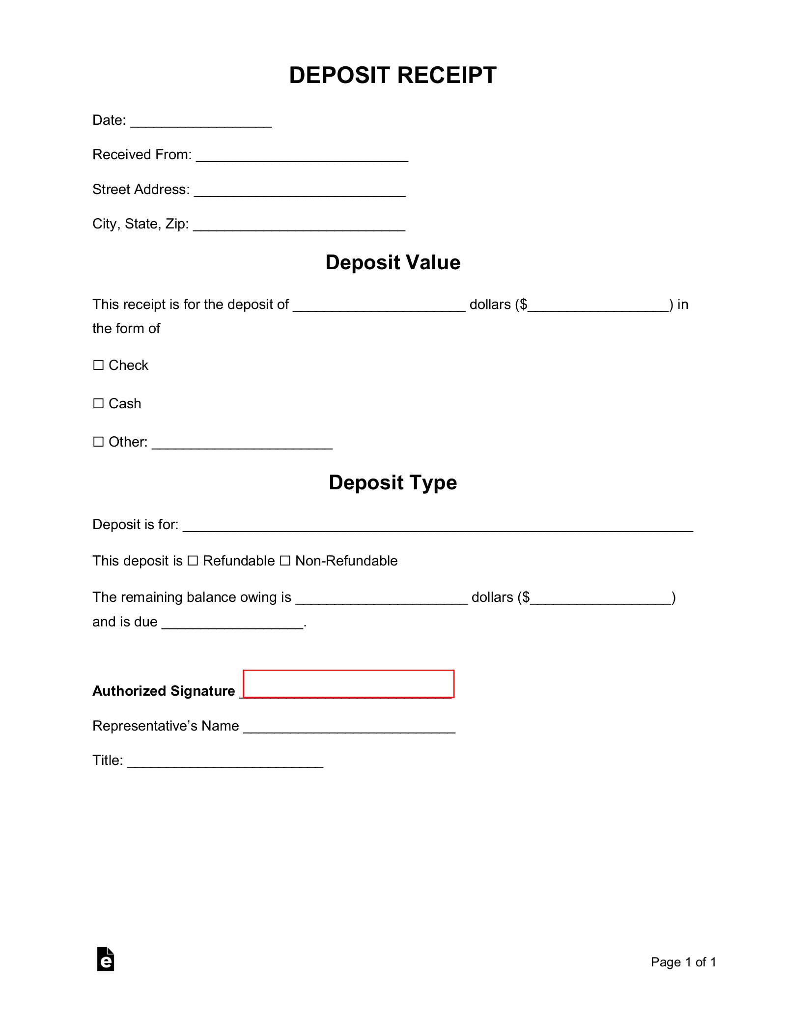 sample deposit receipt template