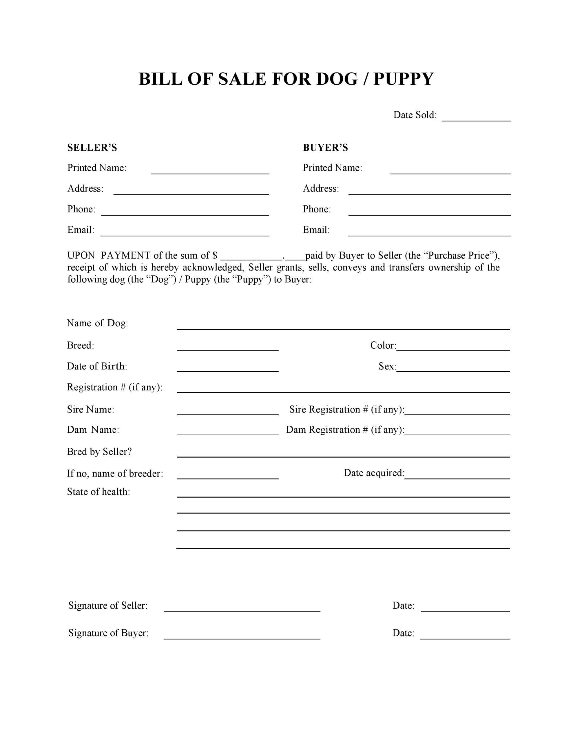 sample Dog/Puppy Bill of Sale Form