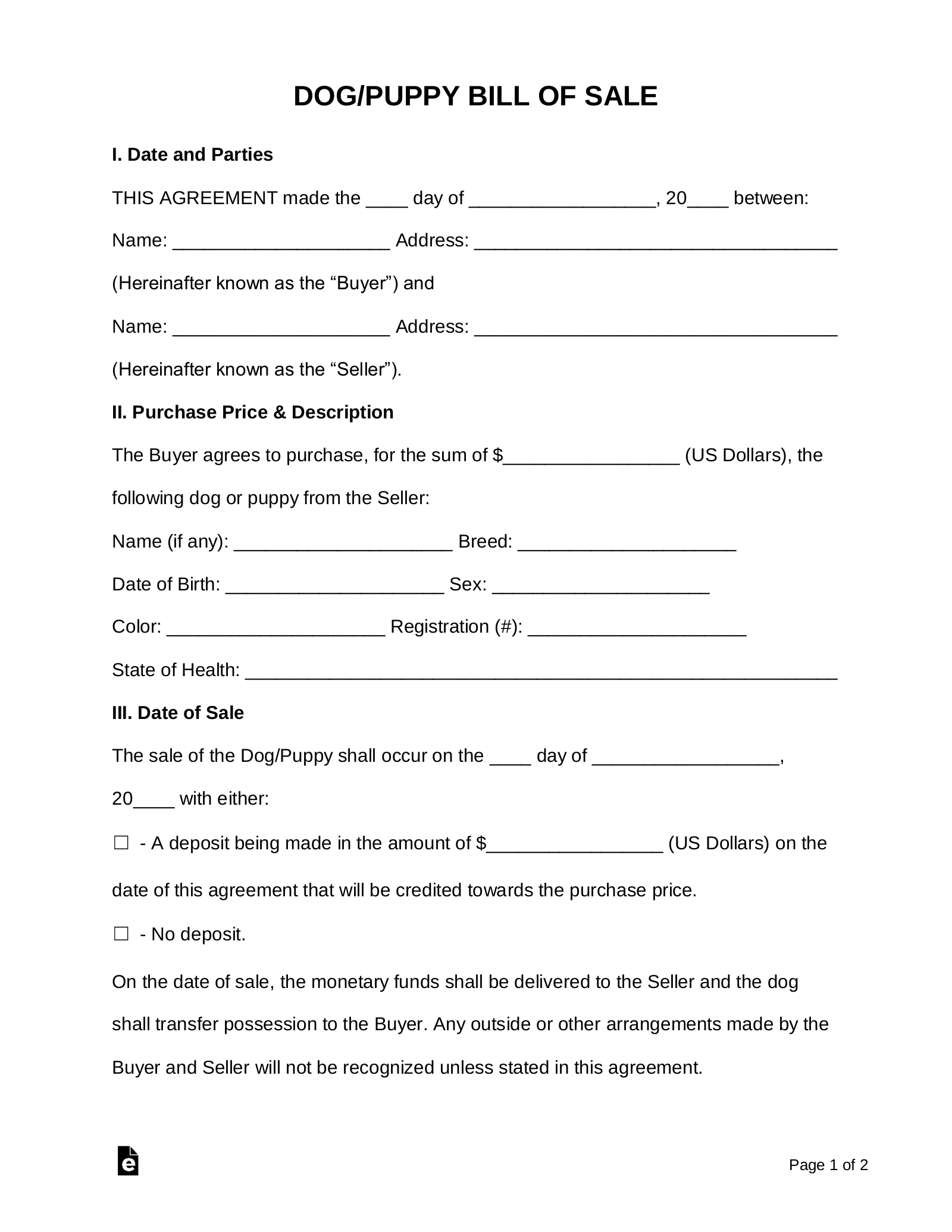 sample Dog/Puppy Bill of Sale Form