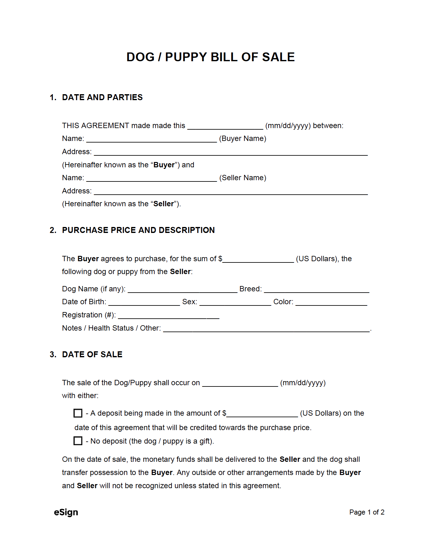 sample Dog/Puppy Bill of Sale Form