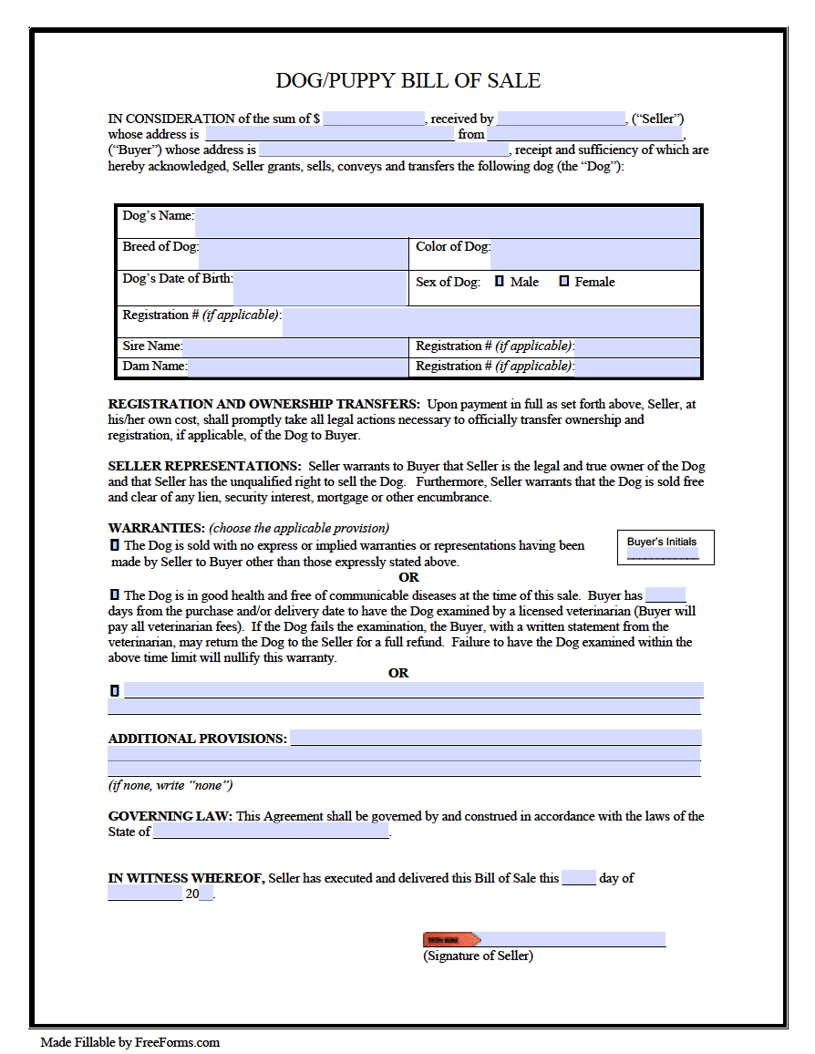 sample Dog/Puppy Bill of Sale Form