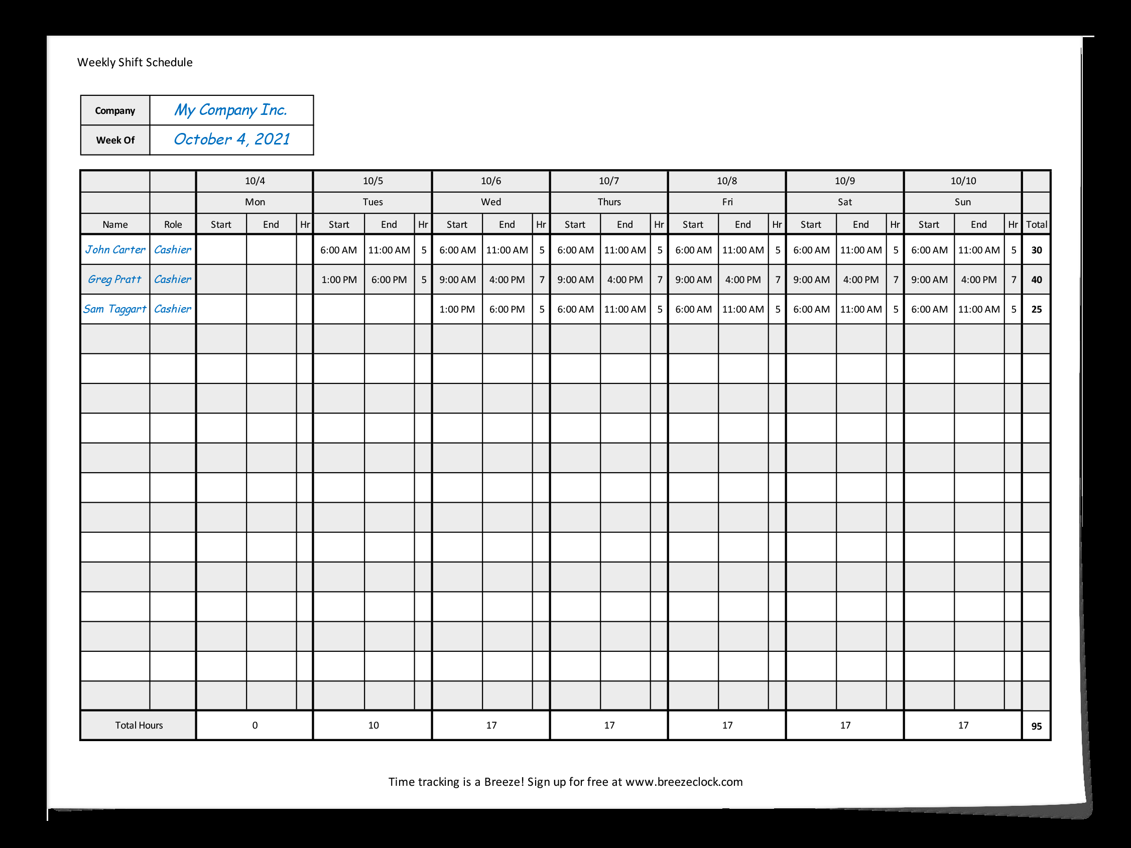 Printable Night Shift Timesheet Template