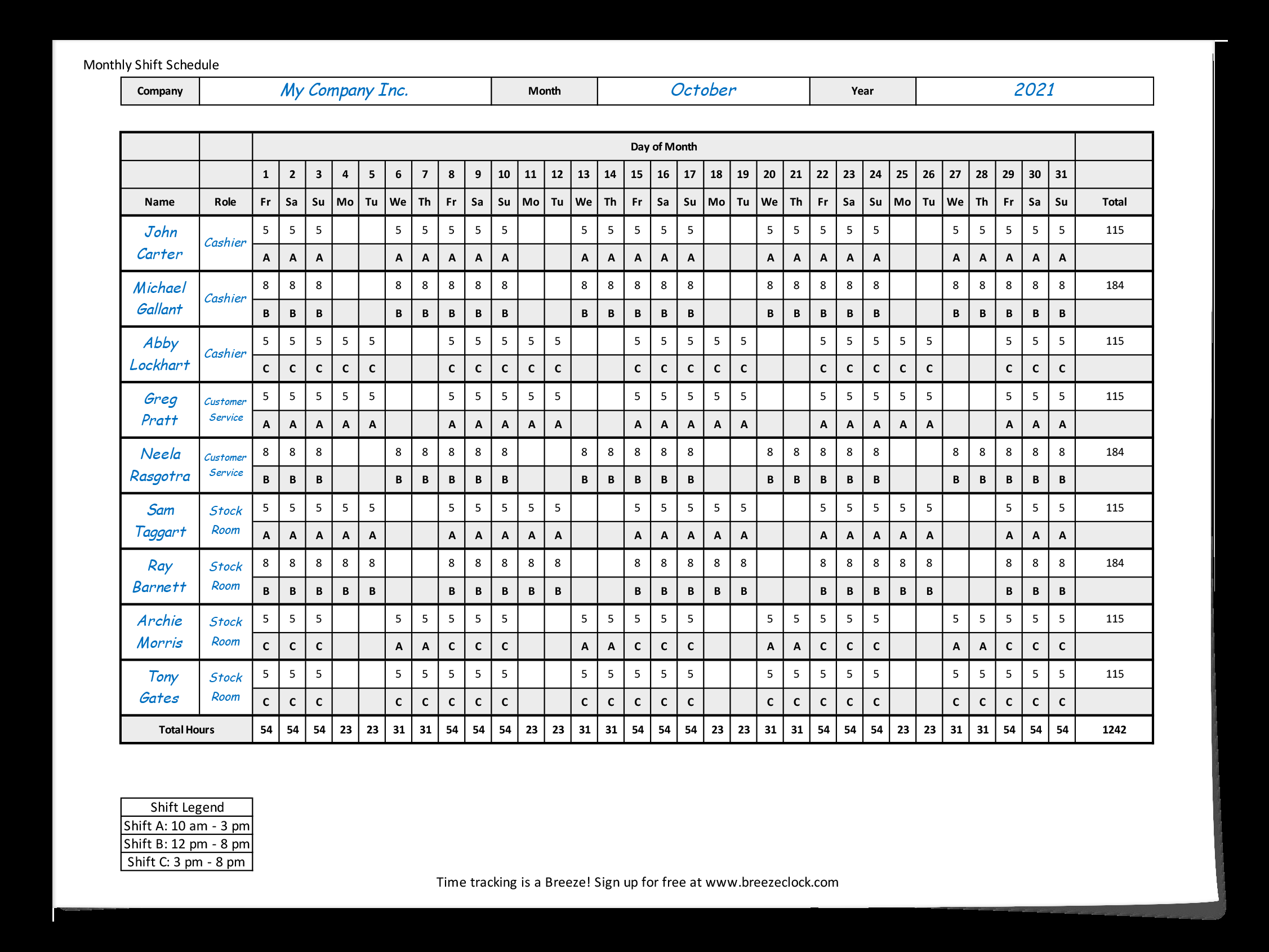 sample night shift timesheet template