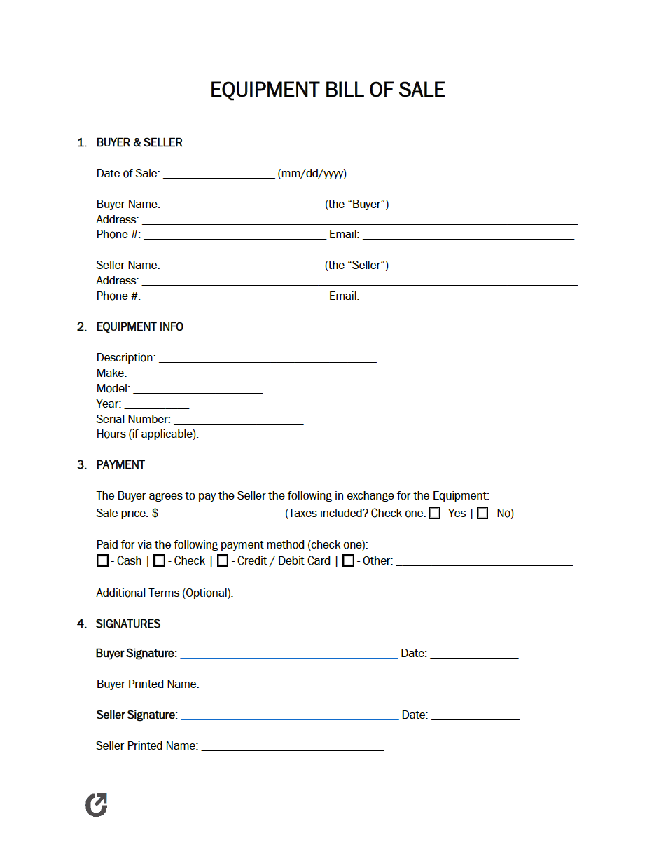 sample Equipment Bill of Sale Form