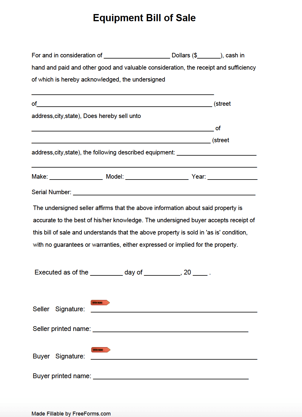 sample Equipment Bill of Sale Form