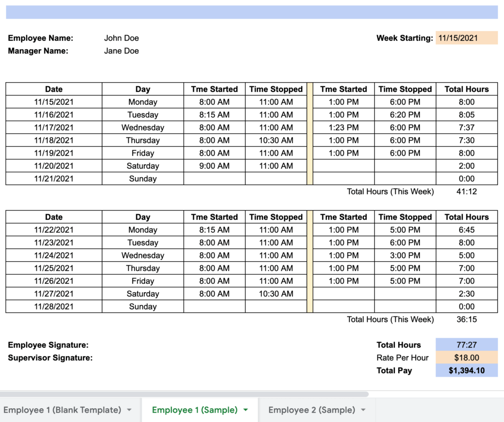 sample multi employee timesheet template