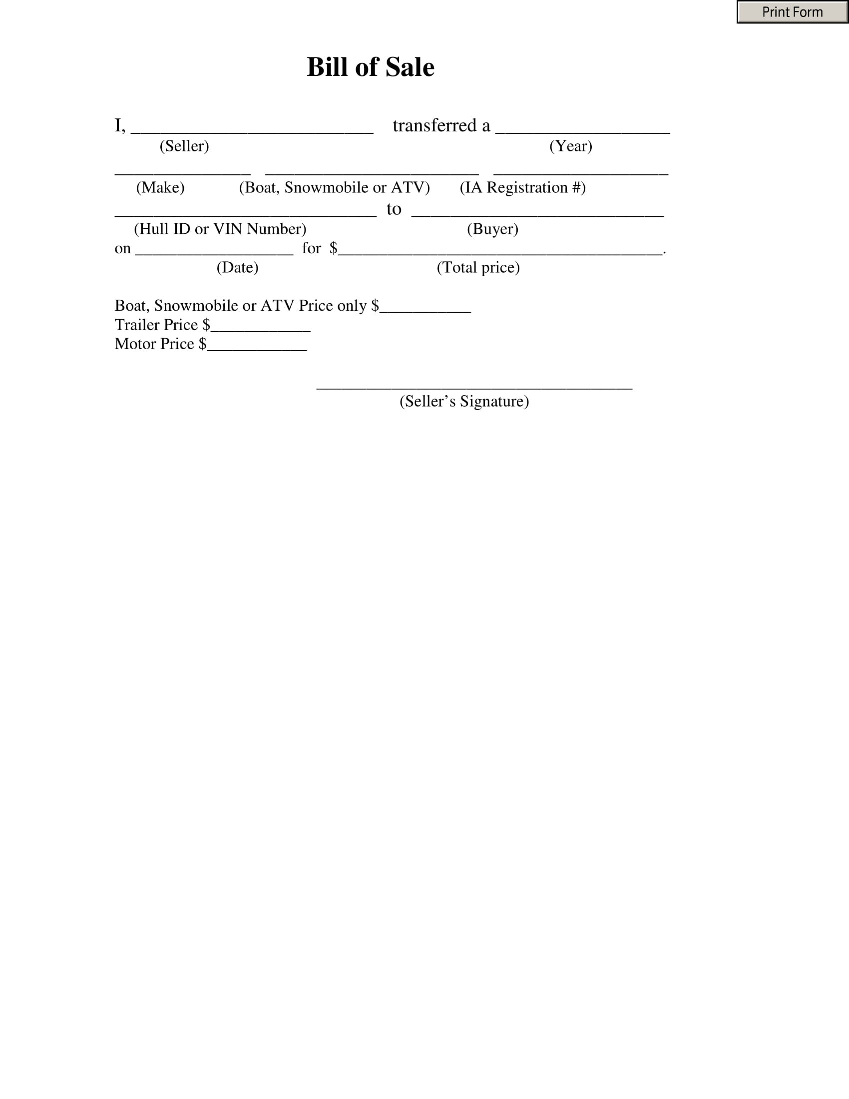 sample ATV Bill of Sale Form