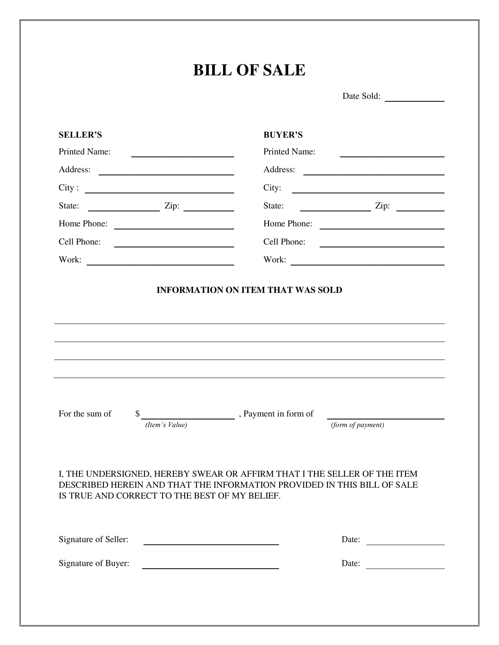 sample General Bill of Sale Form