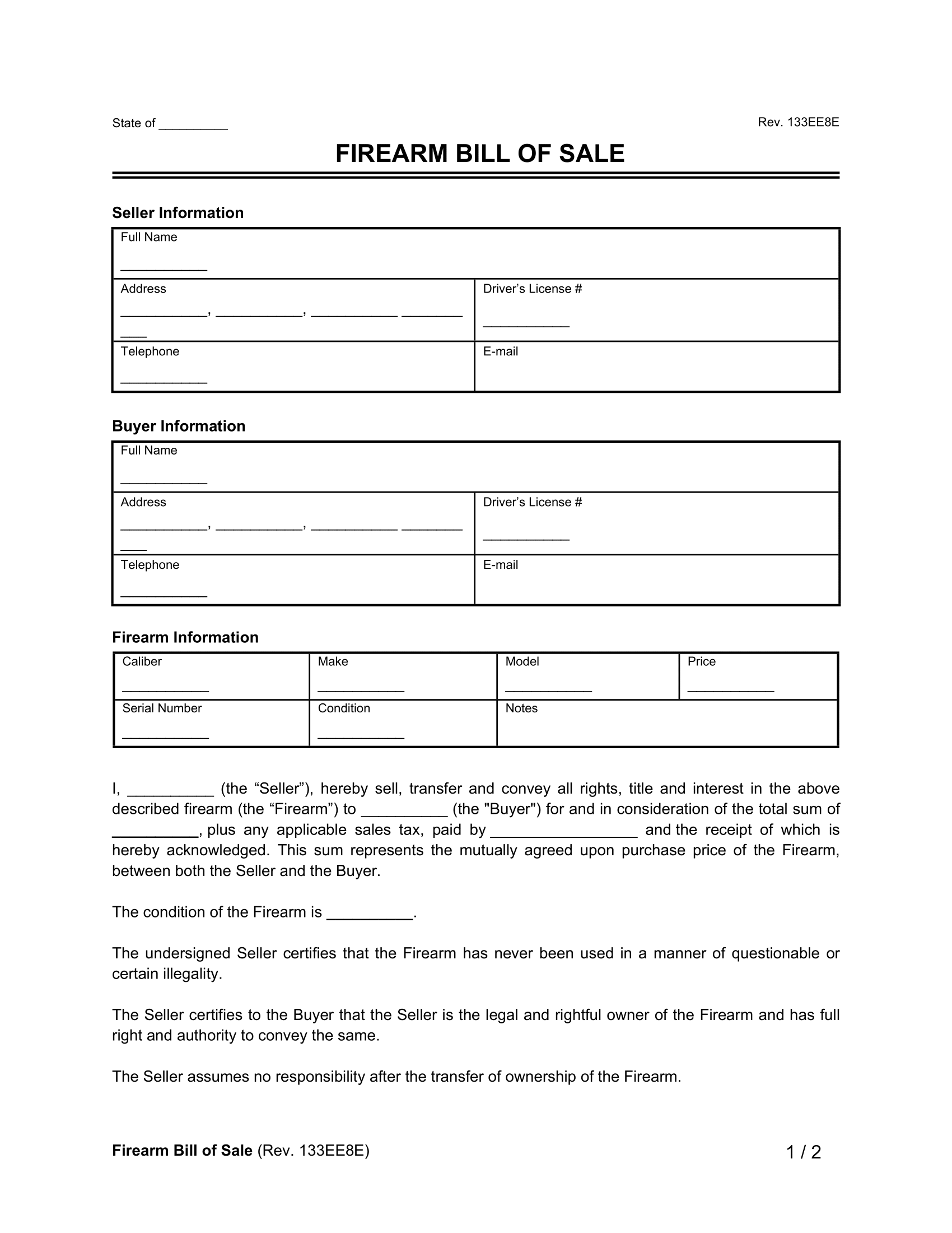 sample Firearm Bill of Sale Form