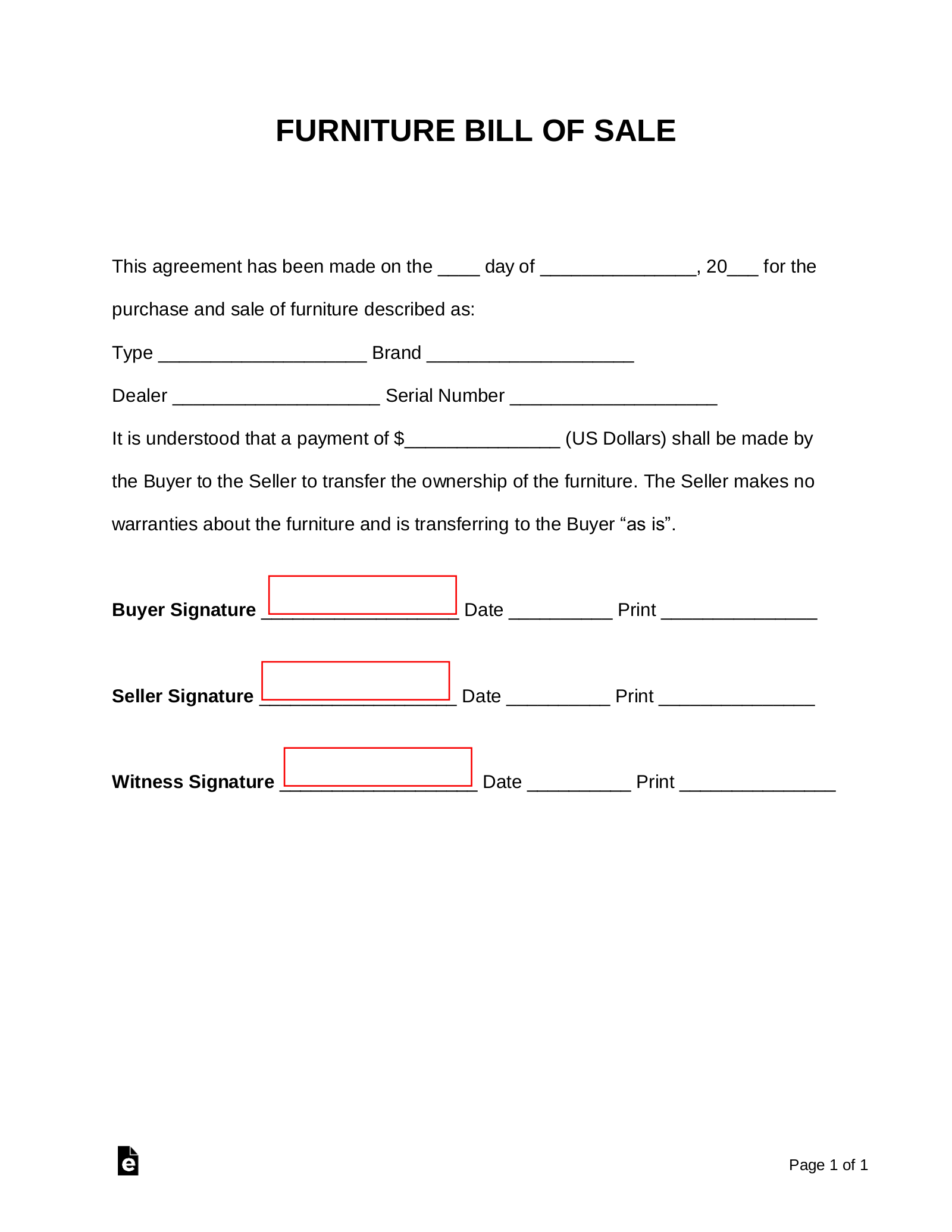 sample Furniture Bill of Sale Form