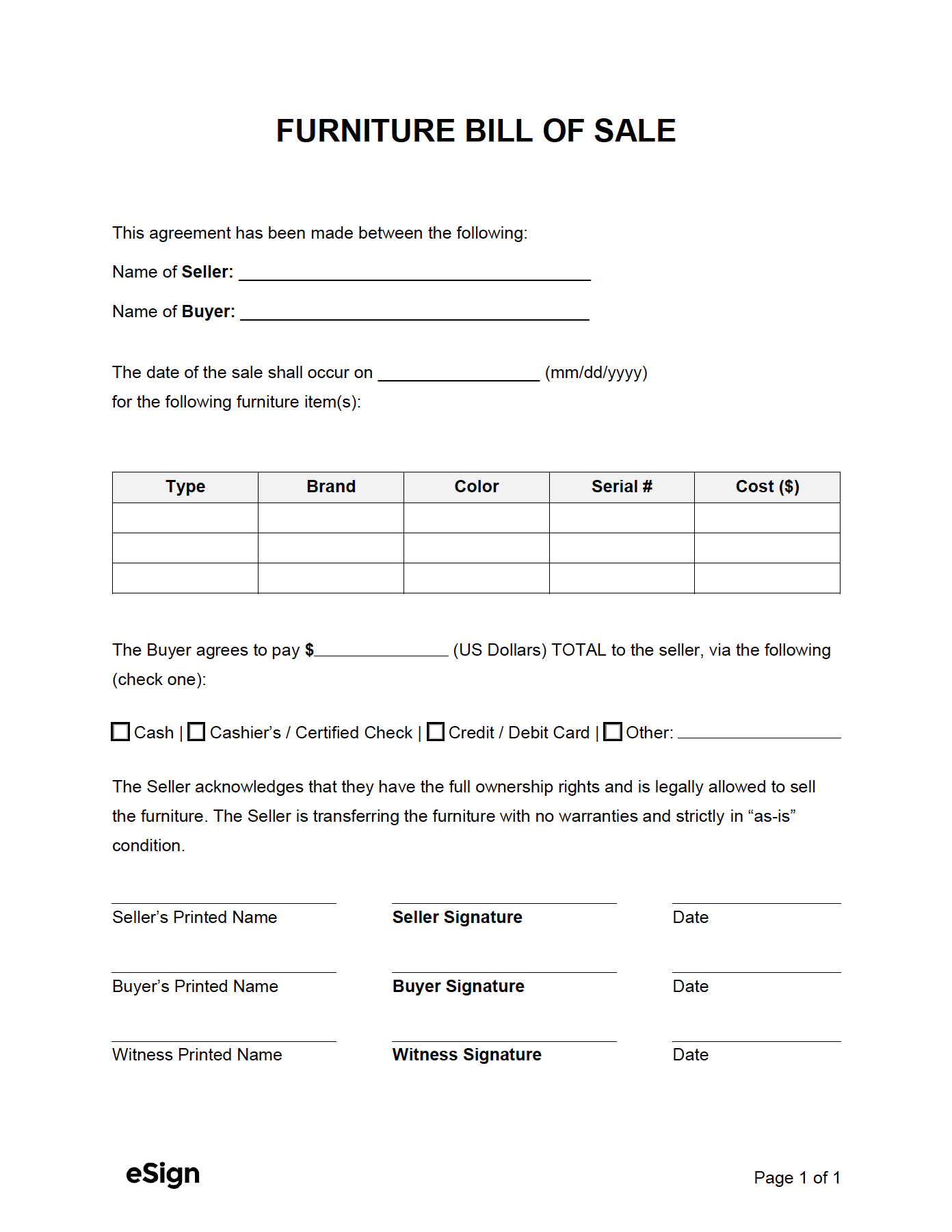 sample Furniture Bill of Sale Form